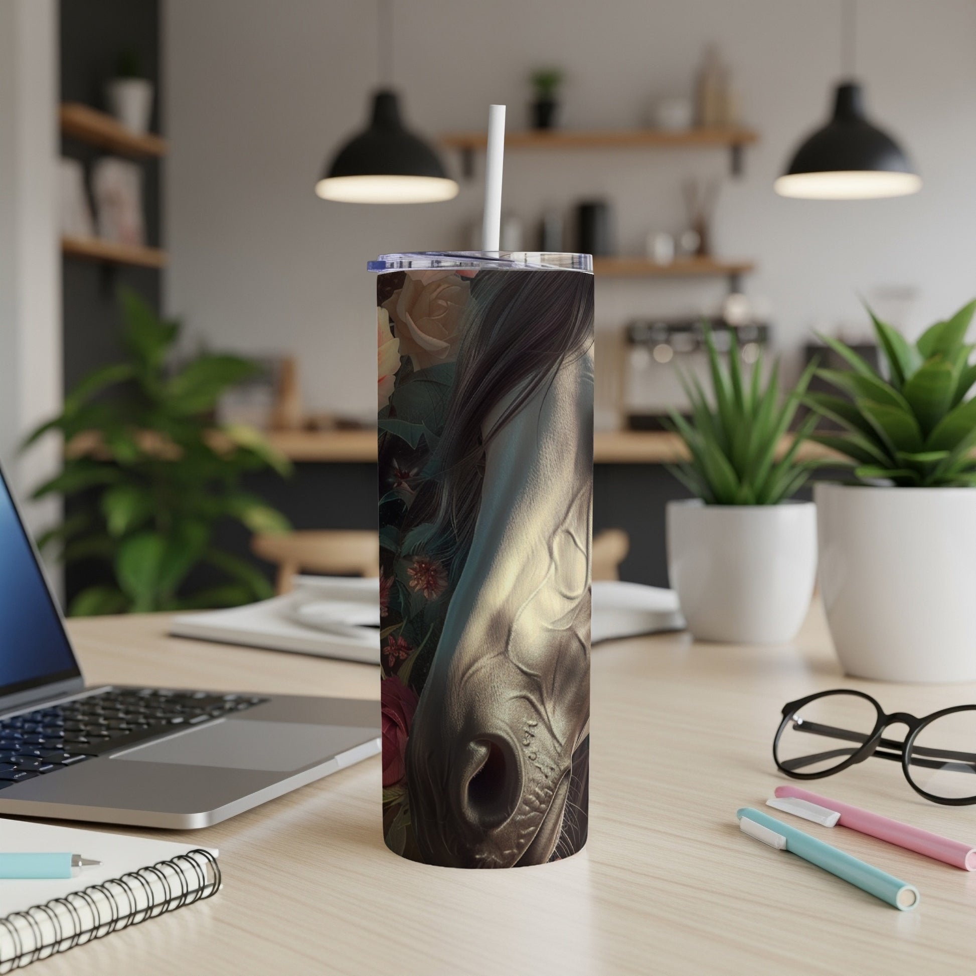 Horse head and flowers illustration on a skinny tumbler.