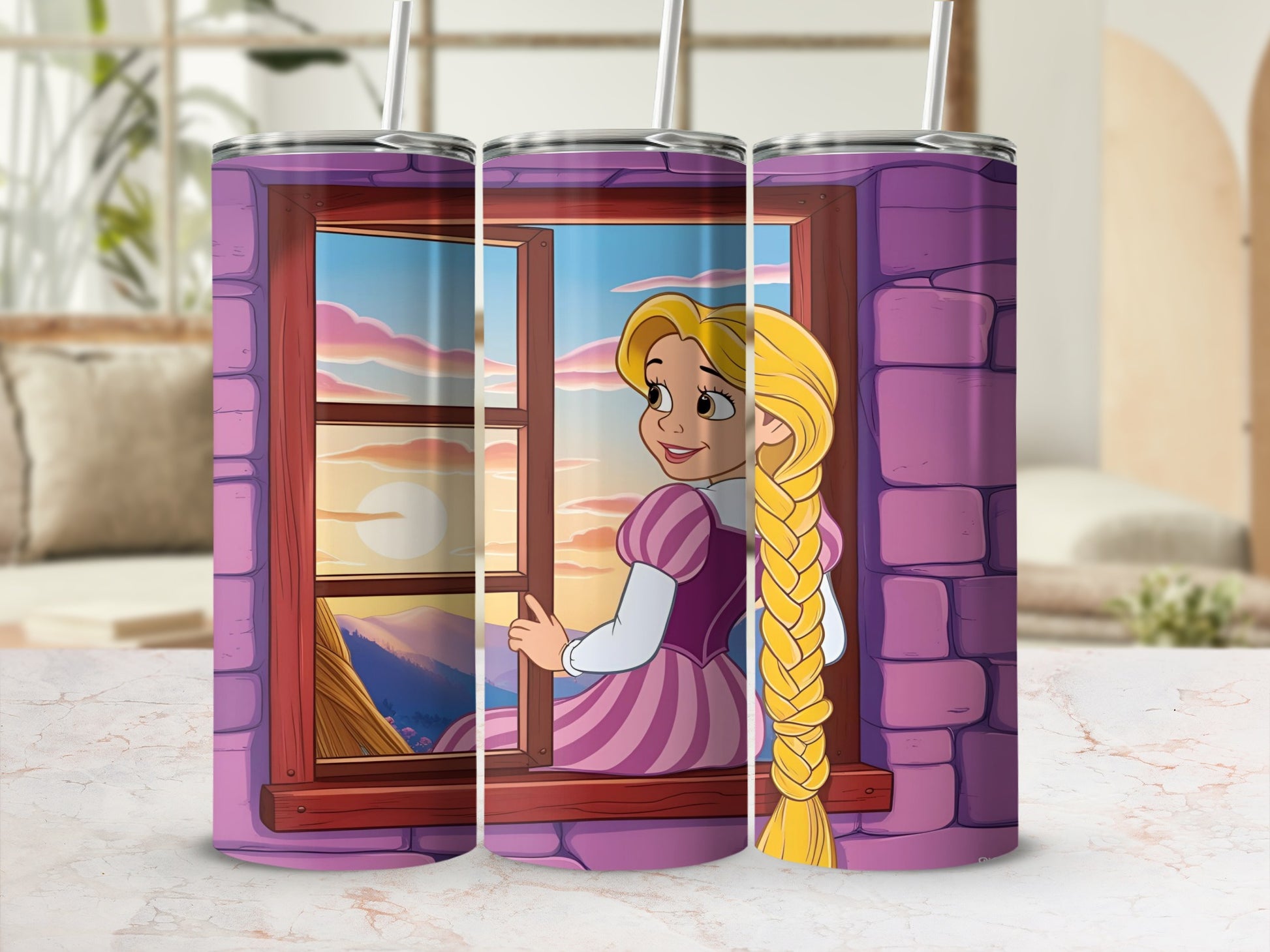 Rapunzel looking out a castle window at sunset, on a tumbler.