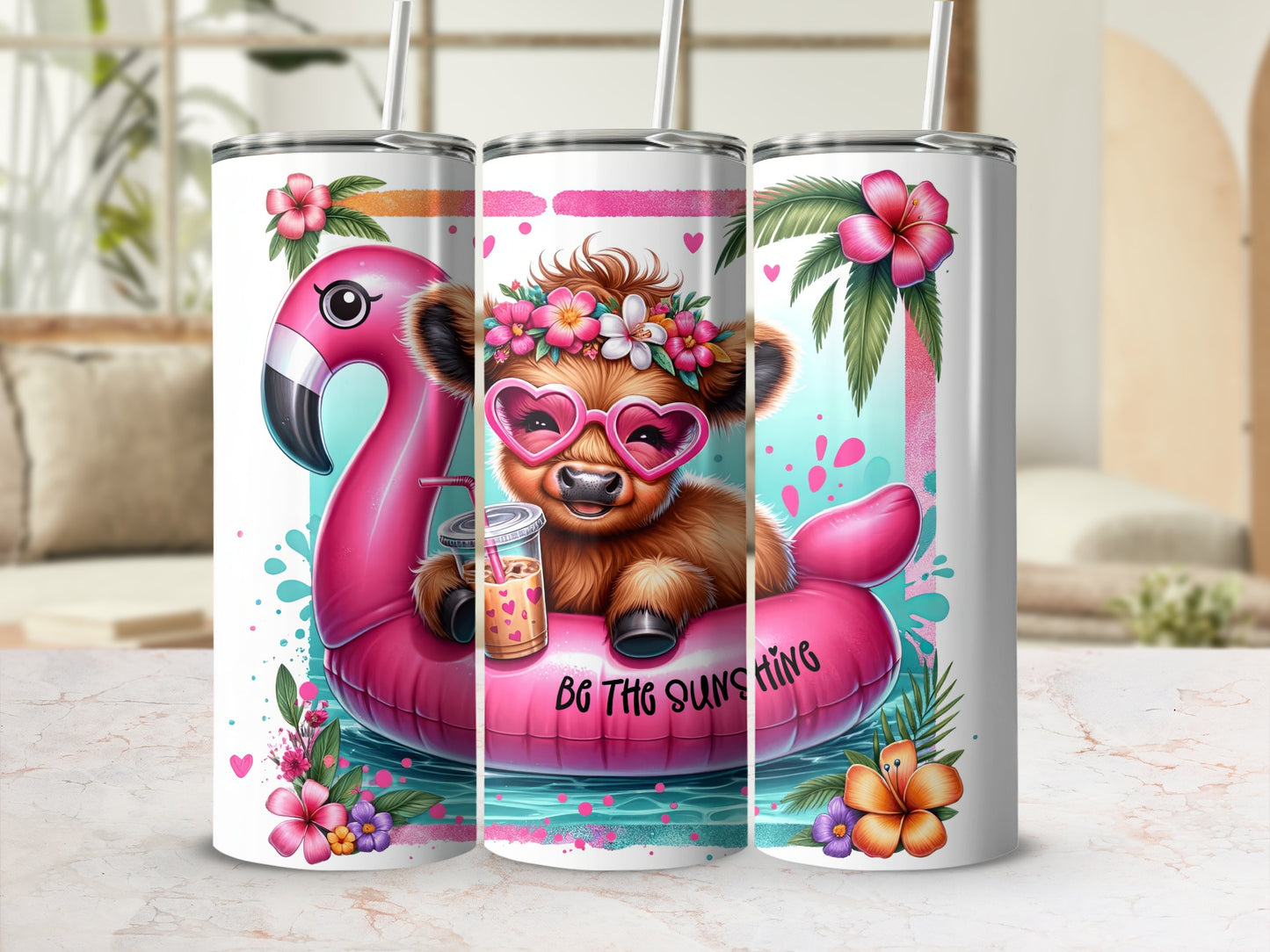 Cow wearing flower crown and sunglasses on flamingo float, "Be the Sunshine" text.