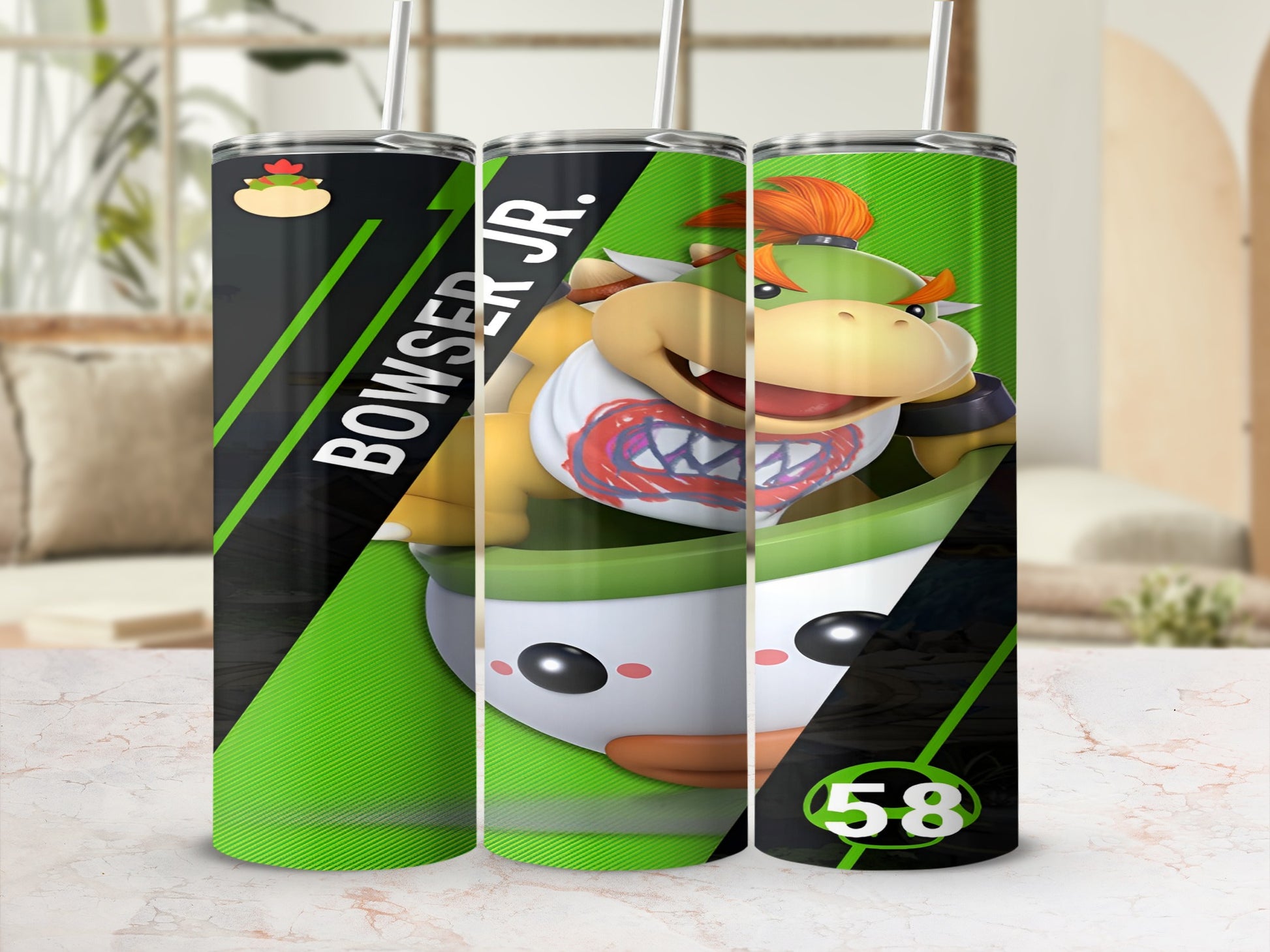 Bowser Jr. tumbler with green stripes and "Bowser Jr." text.