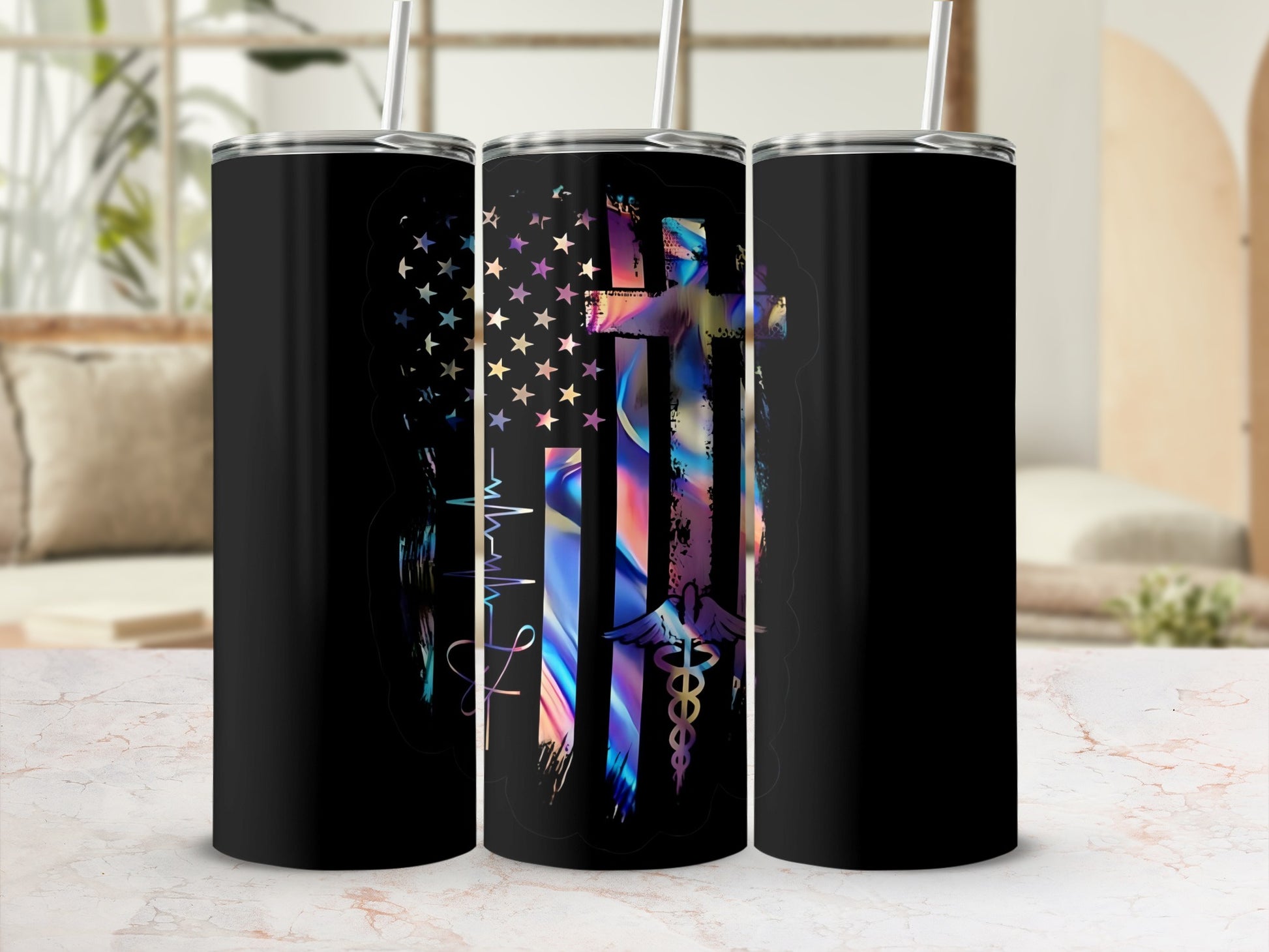 Stylish Black Tumblers with Colorful Cross Design