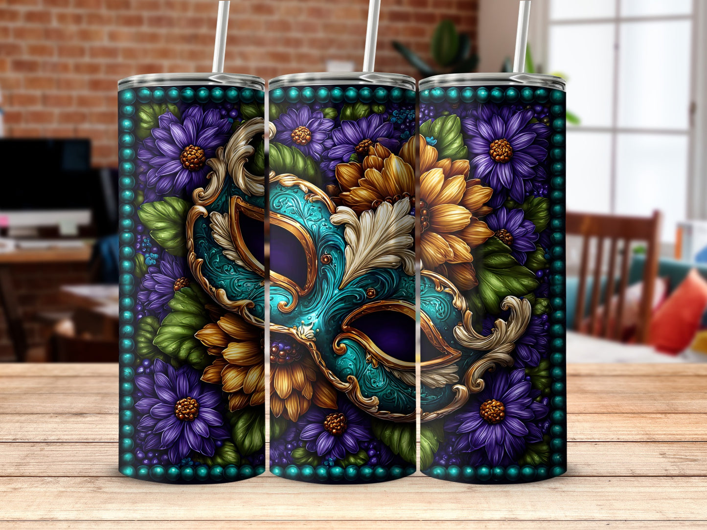 Floral Mask Design Insulated Tumbler with Straw