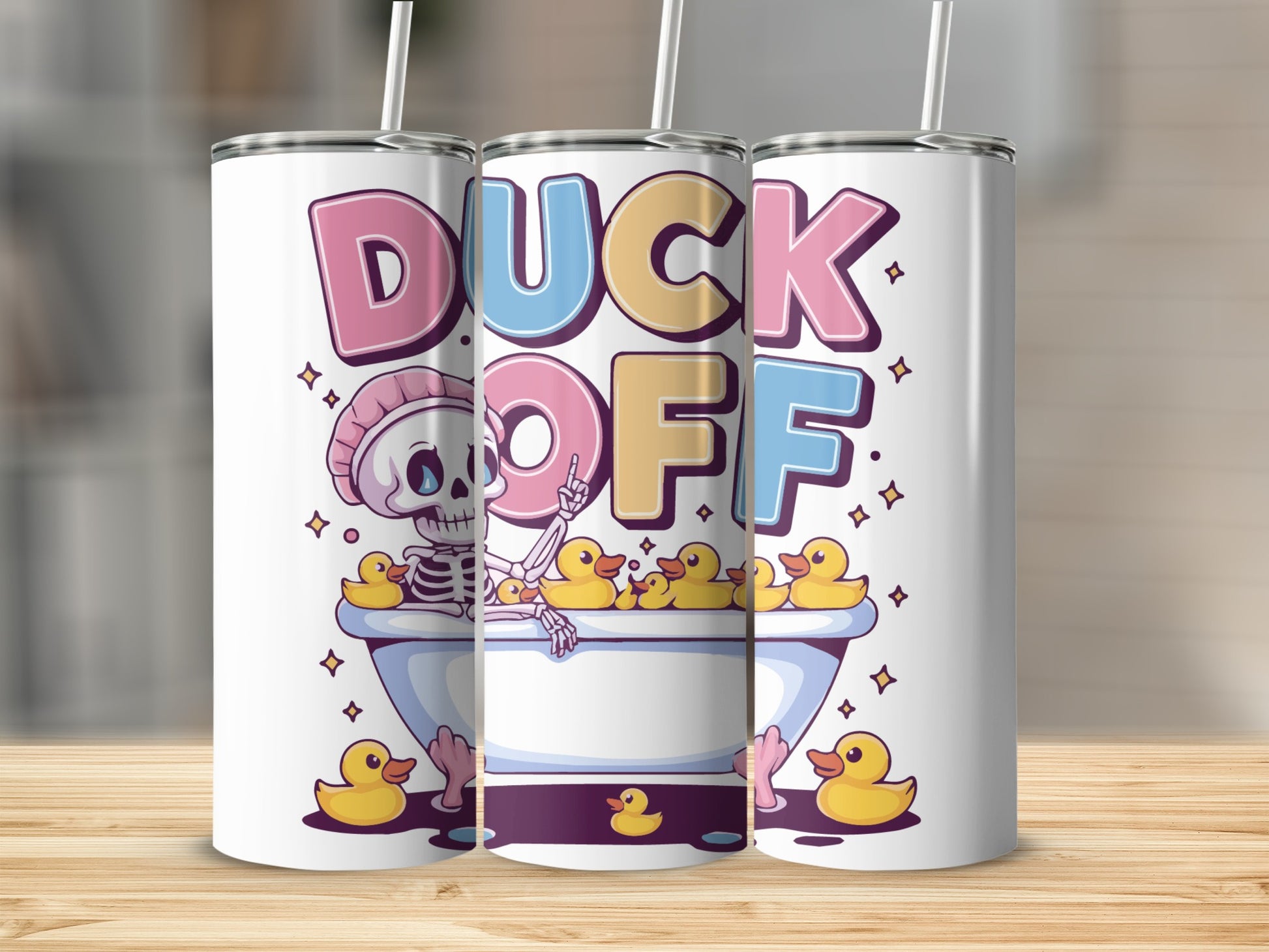 Skeleton in bathtub with rubber ducks, "Duck Off" text.
