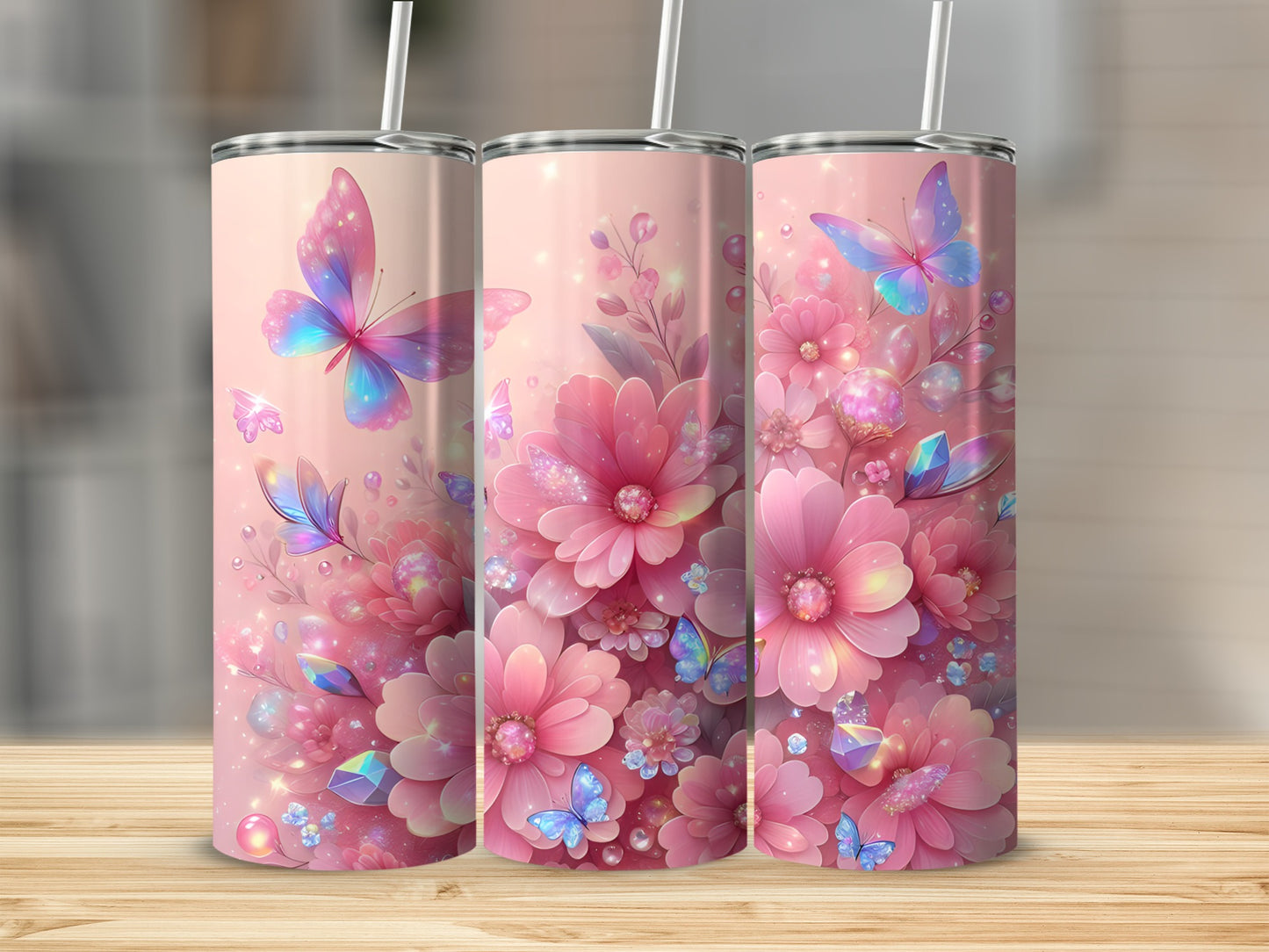 Pink floral and butterfly tumbler design with glitter and shimmer.