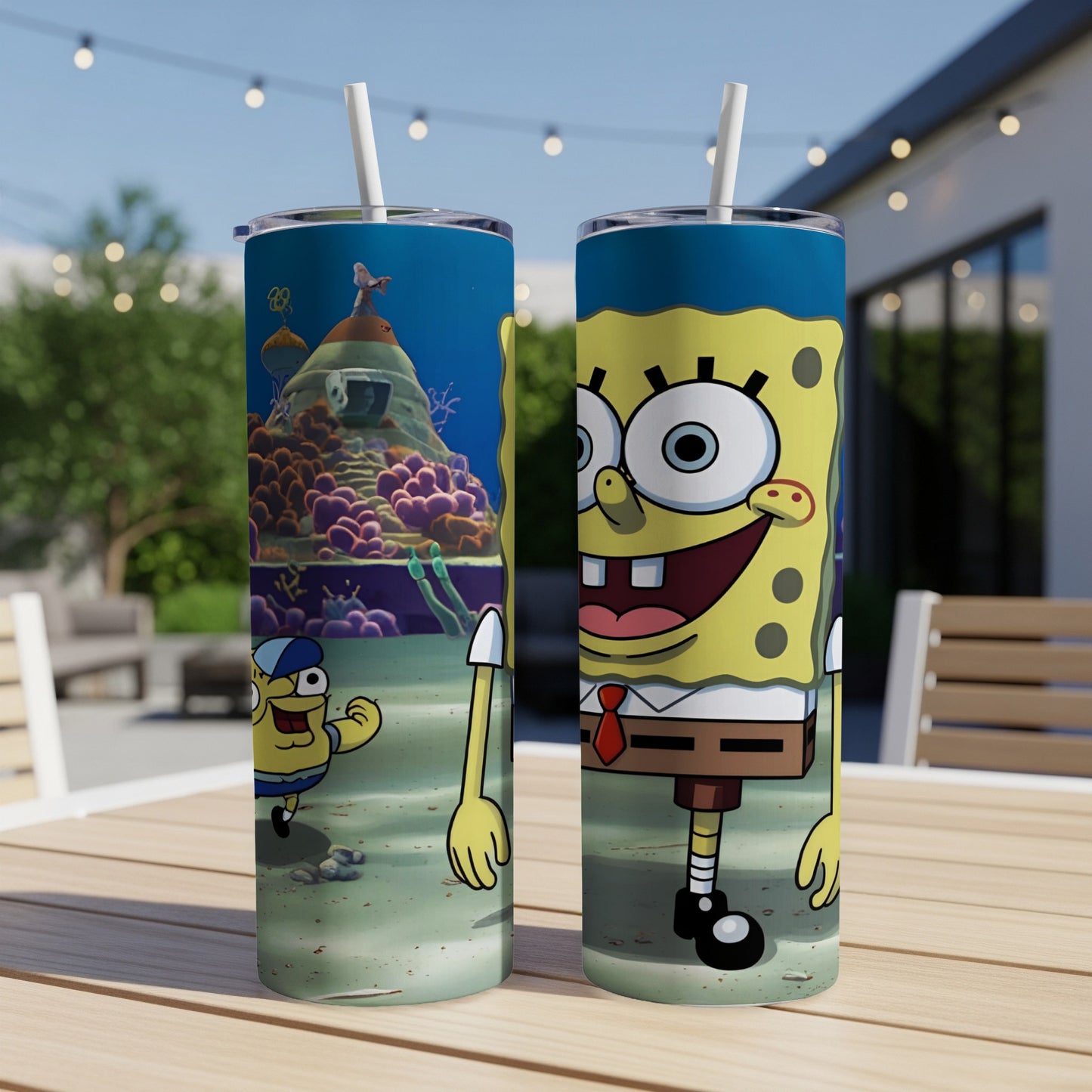 SpongeBob SquarePants and Patrick Star on a tumbler with a coral reef background.