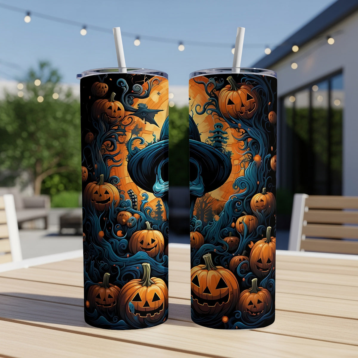 Two tumblers with a spooky Halloween design of jack-o'-lanterns and swirling blue vines.