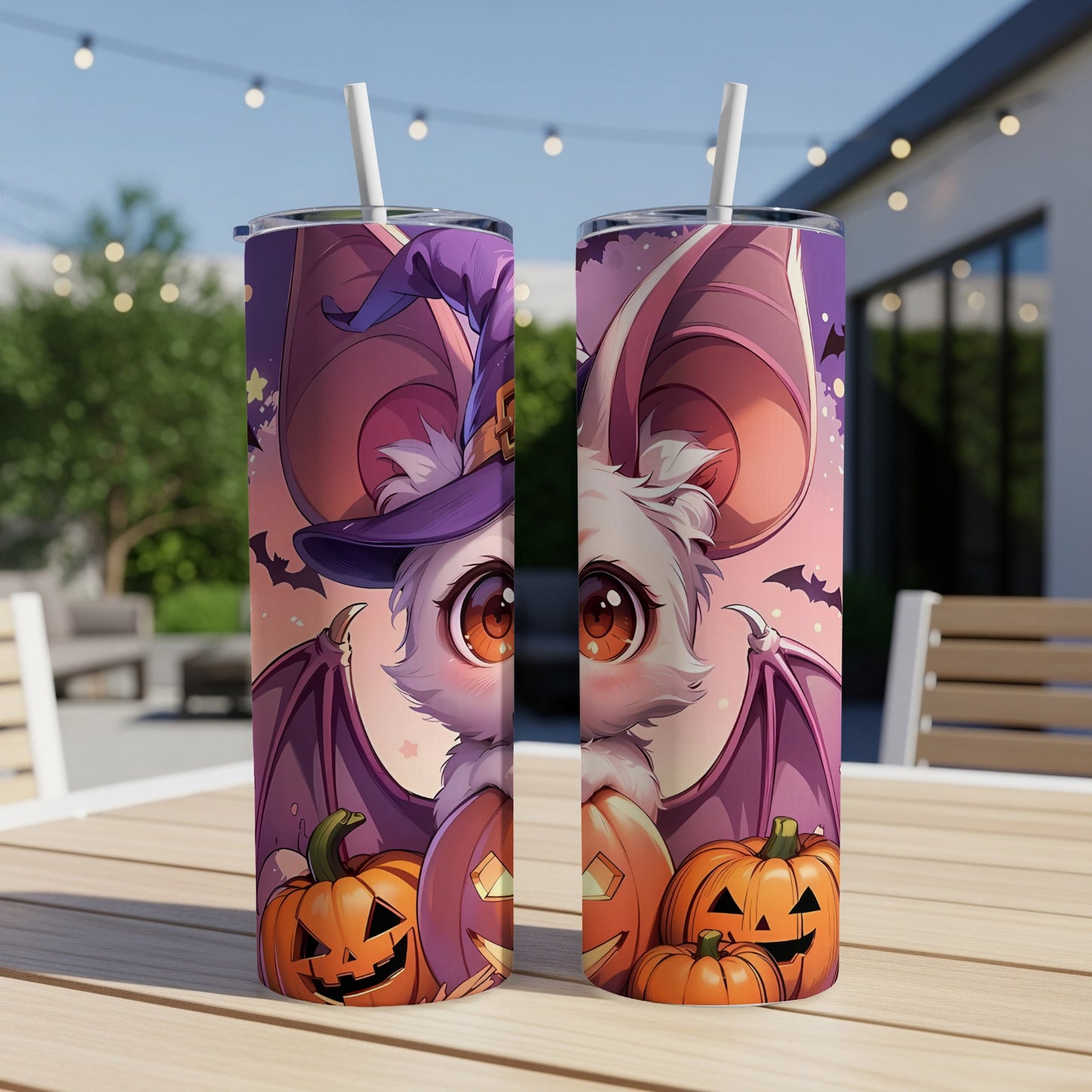 Halloween tumbler with cute bat wearing witch hat and pumpkins.