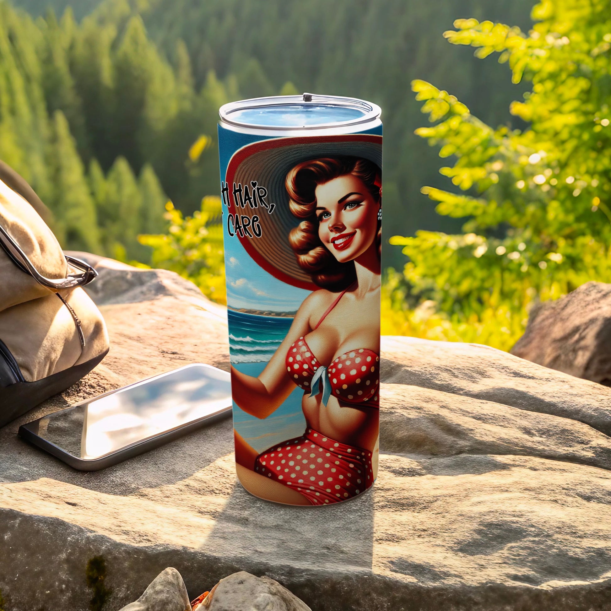 Red polka dot tumbler featuring retro woman with "Hot Hair, Cool" text.
