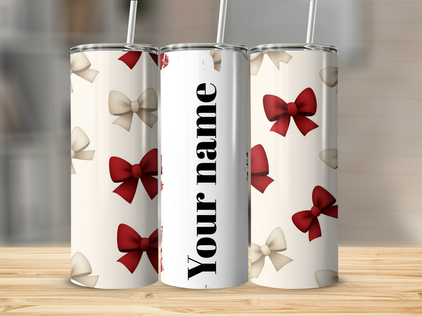 Customized Red and Beige Bow Pattern Tumbler Cup