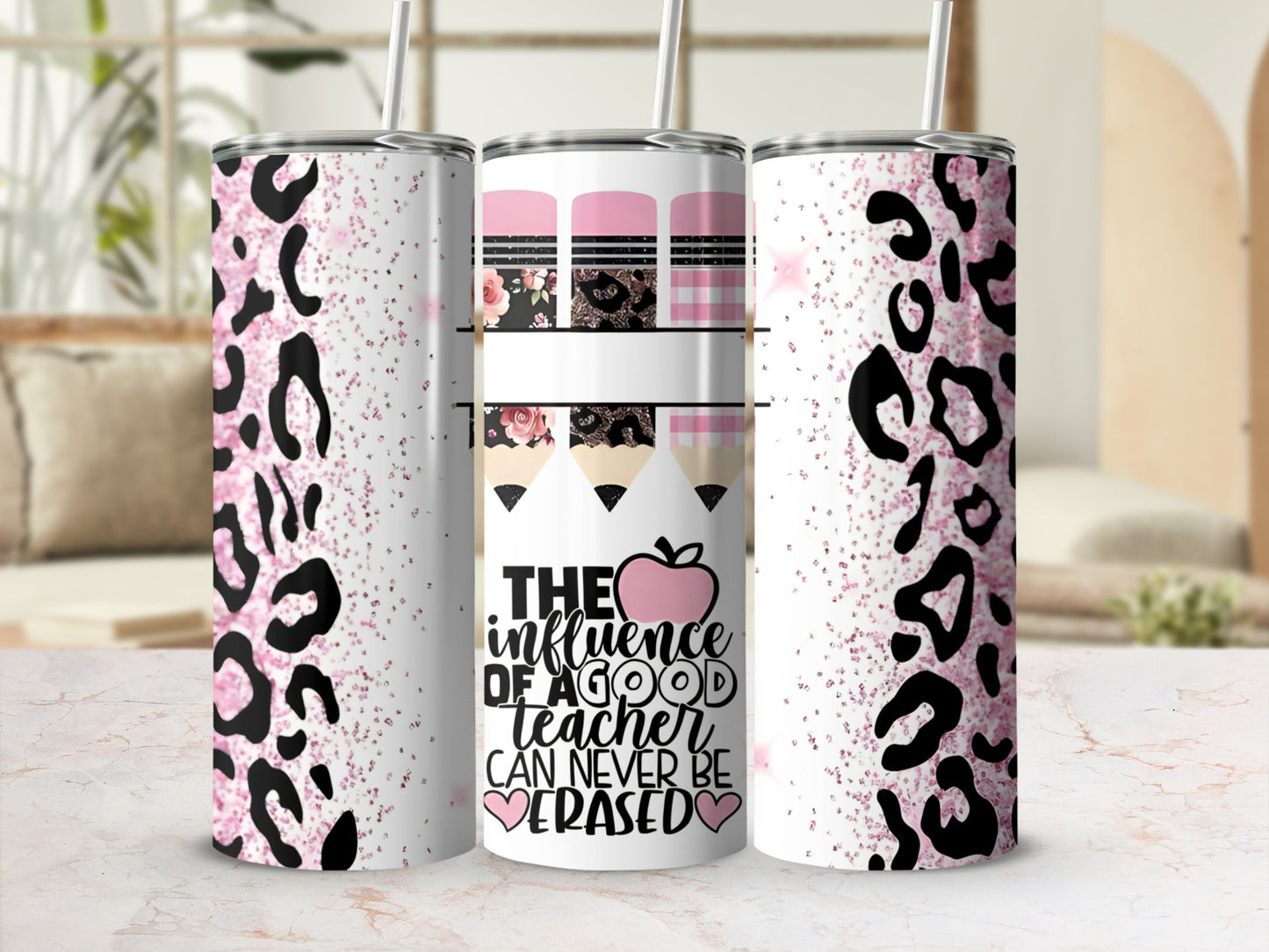 Leopard print tumbler with "The influence of a good teacher can never be erased" text.