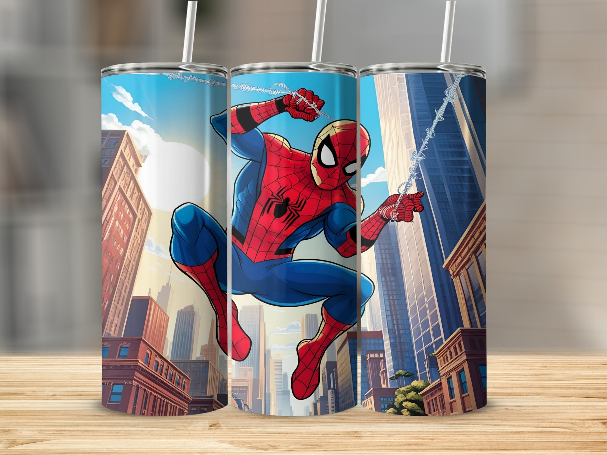 Spiderman swinging between skyscrapers on a city background.