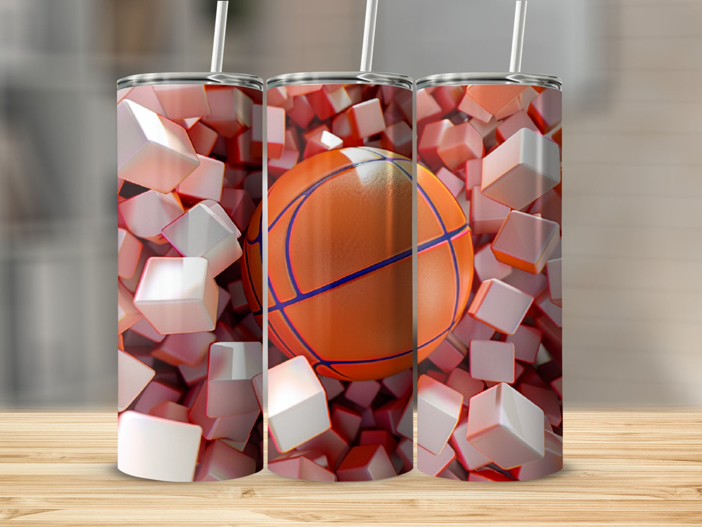 Three tumblers with basketball and abstract cube pattern.