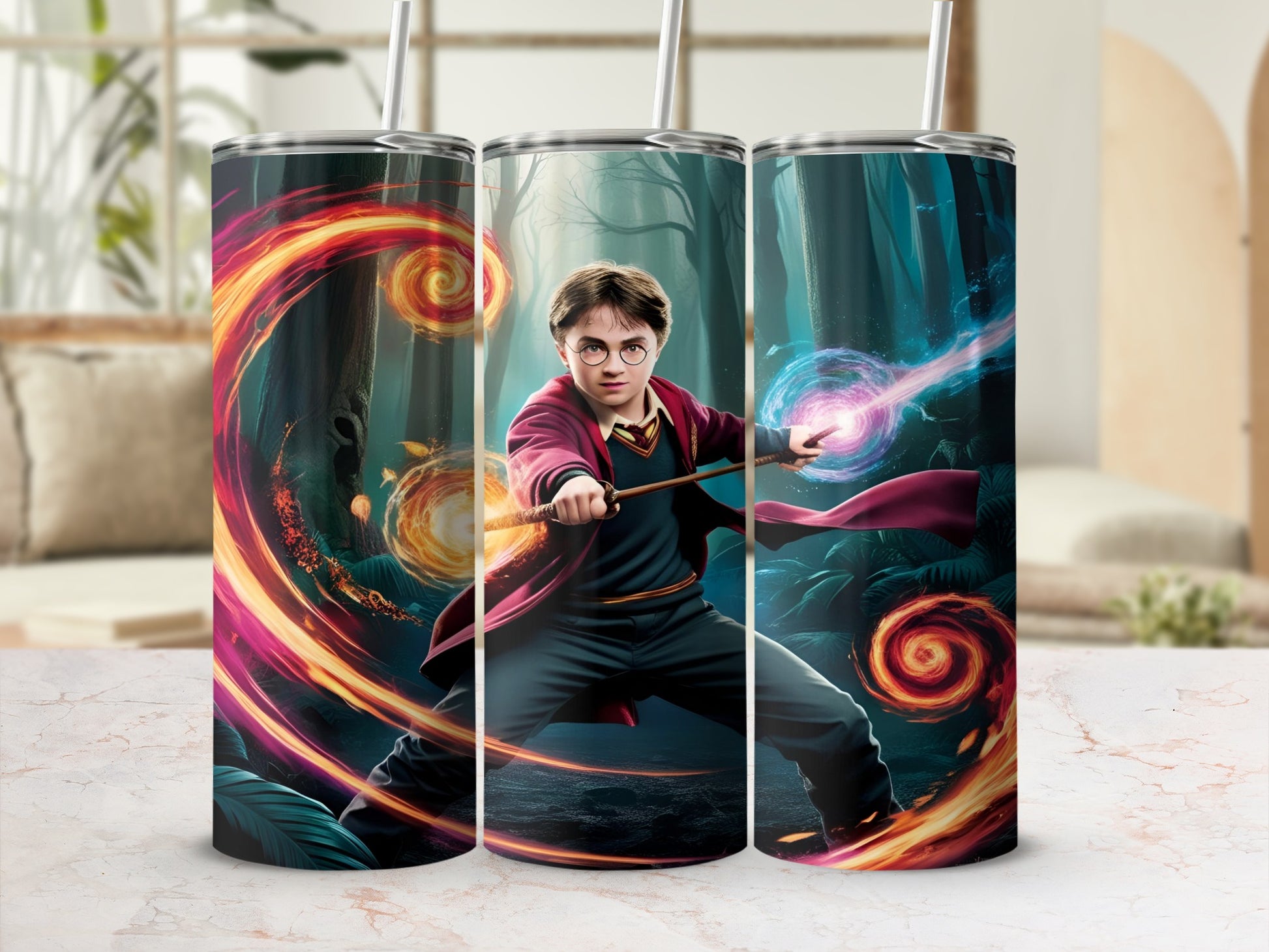 Harry Potter conjuring magic in a forest setting.