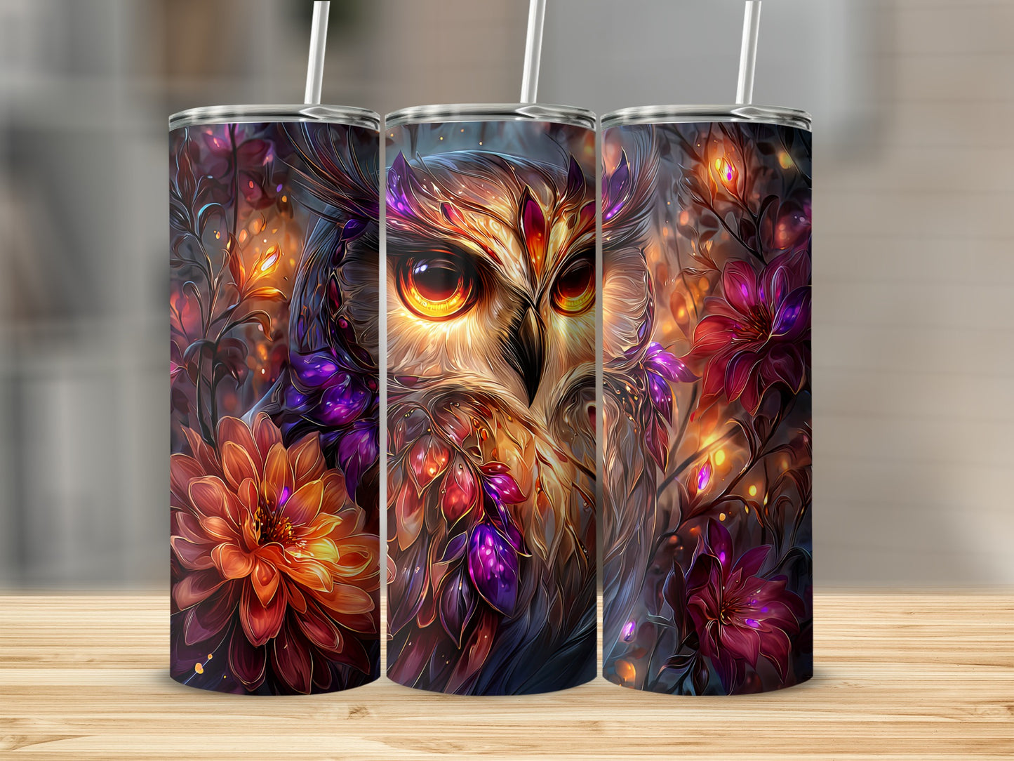 Vibrant Owl and Floral Art Design Insulated Tumbler