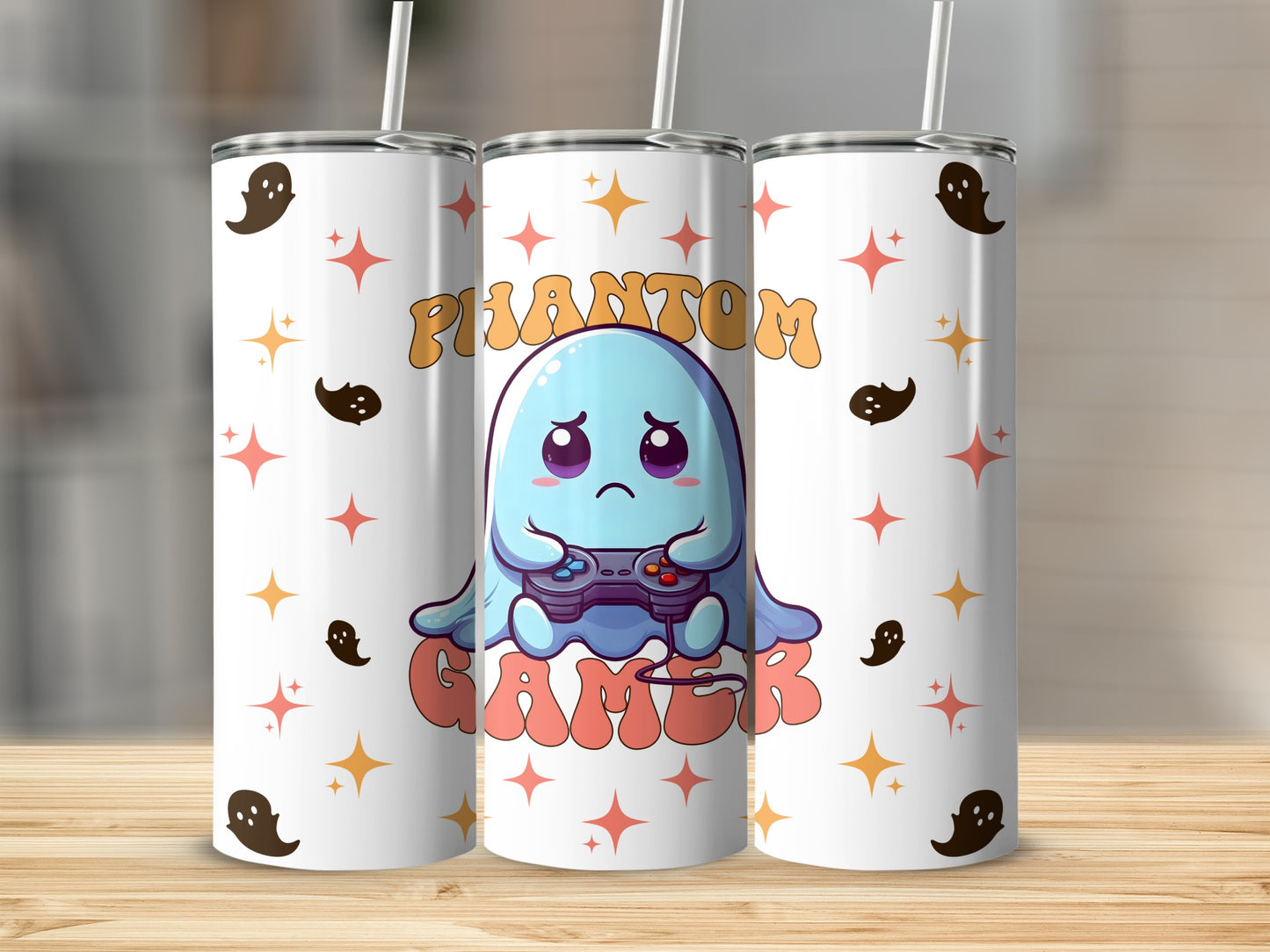 Cute ghost holding a game controller, with "Phantom Gamer" text.