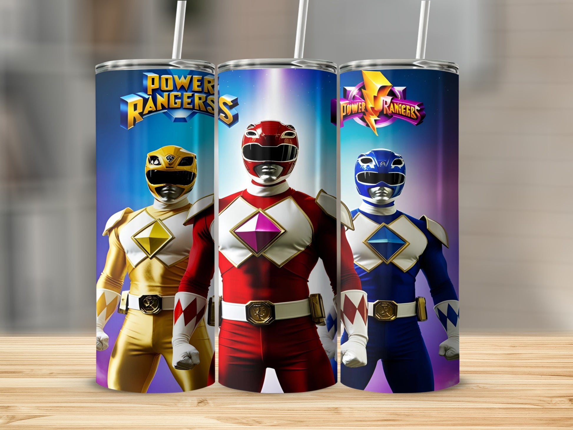 Three Power Rangers in yellow, red, and blue suits with logos.
