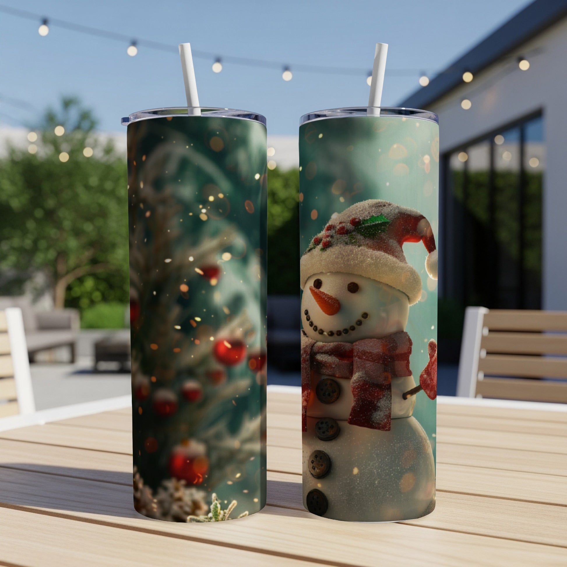 Two tumblers with a festive snowman and decorated tree design.