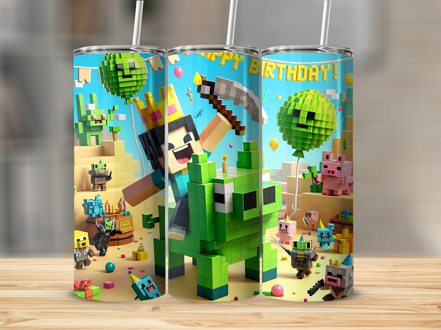 'Happy Birthday Pixel Art Theme Tumbler Fun Design for Kids'