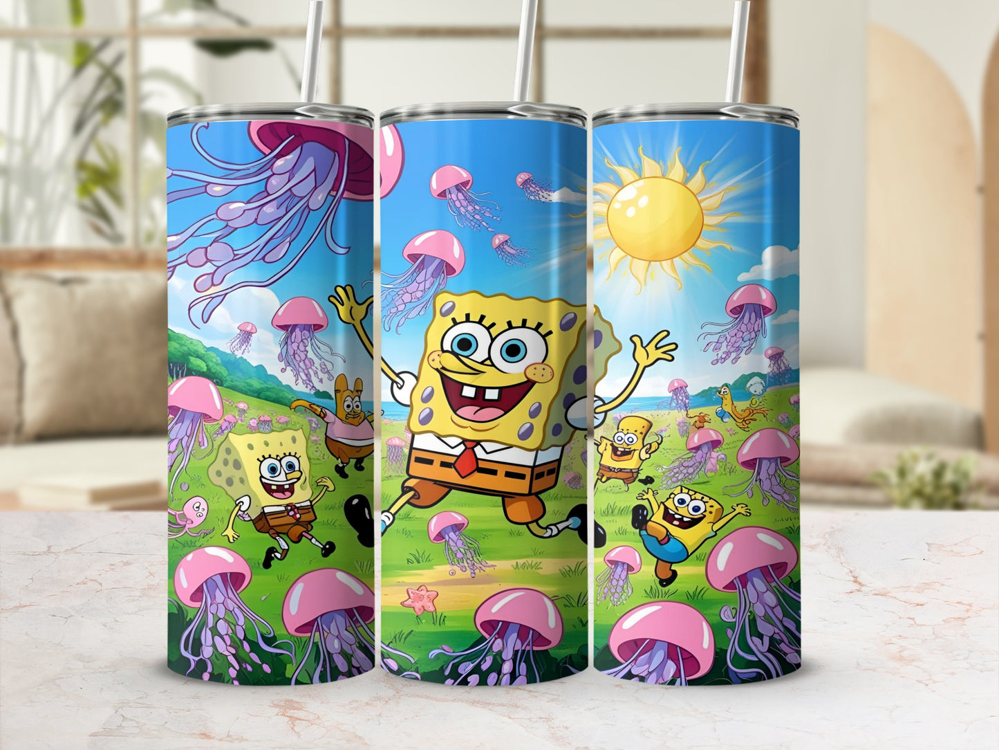 SpongeBob SquarePants characters playfully interacting with pink jellyfish under a bright sun.