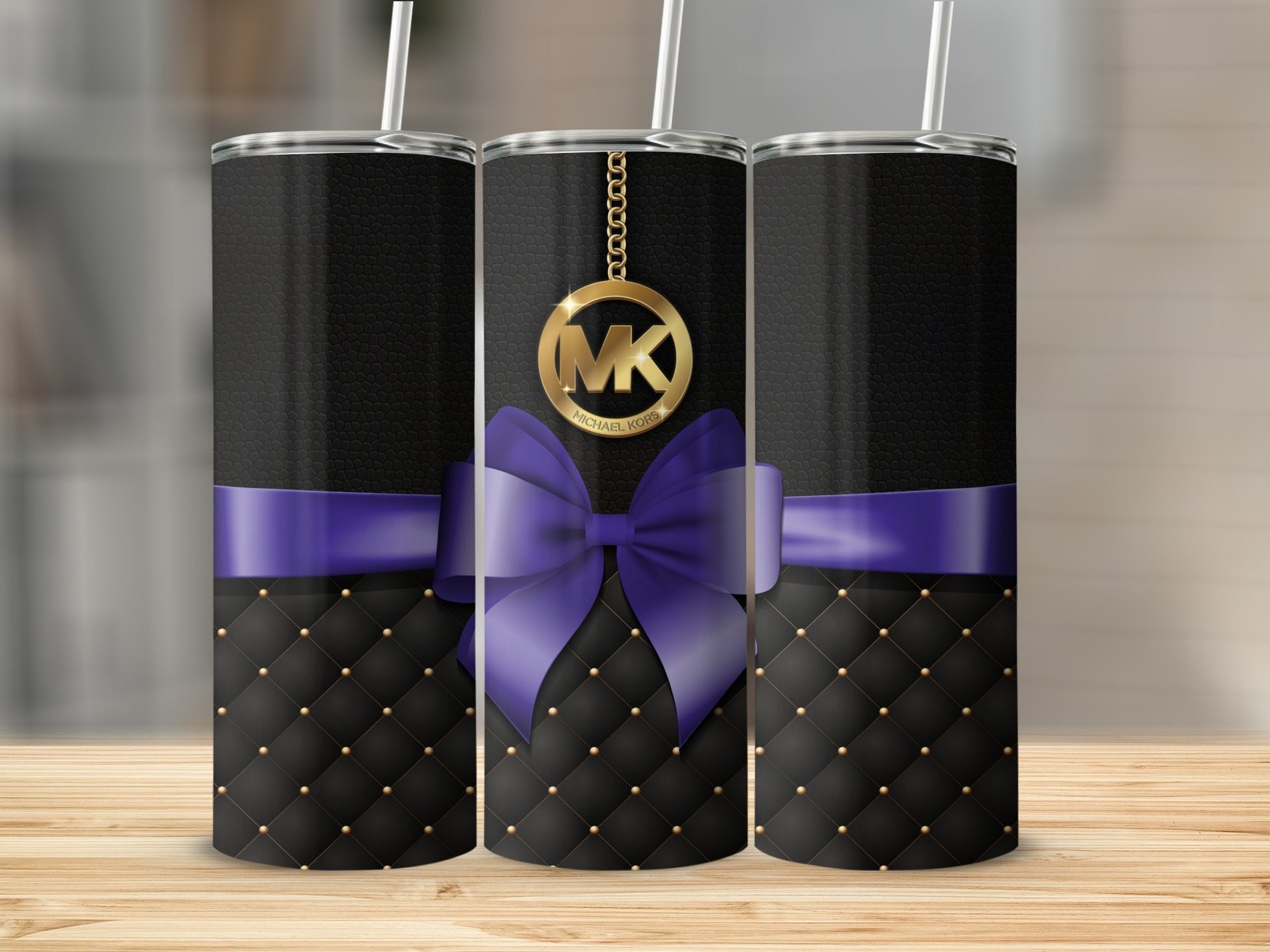 Black and Purple Bow Design Tumbler with Gold Accents