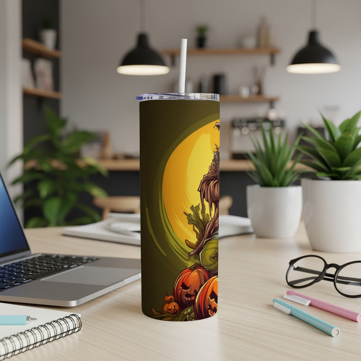 Halloween tumbler with scarecrow and pumpkins design
