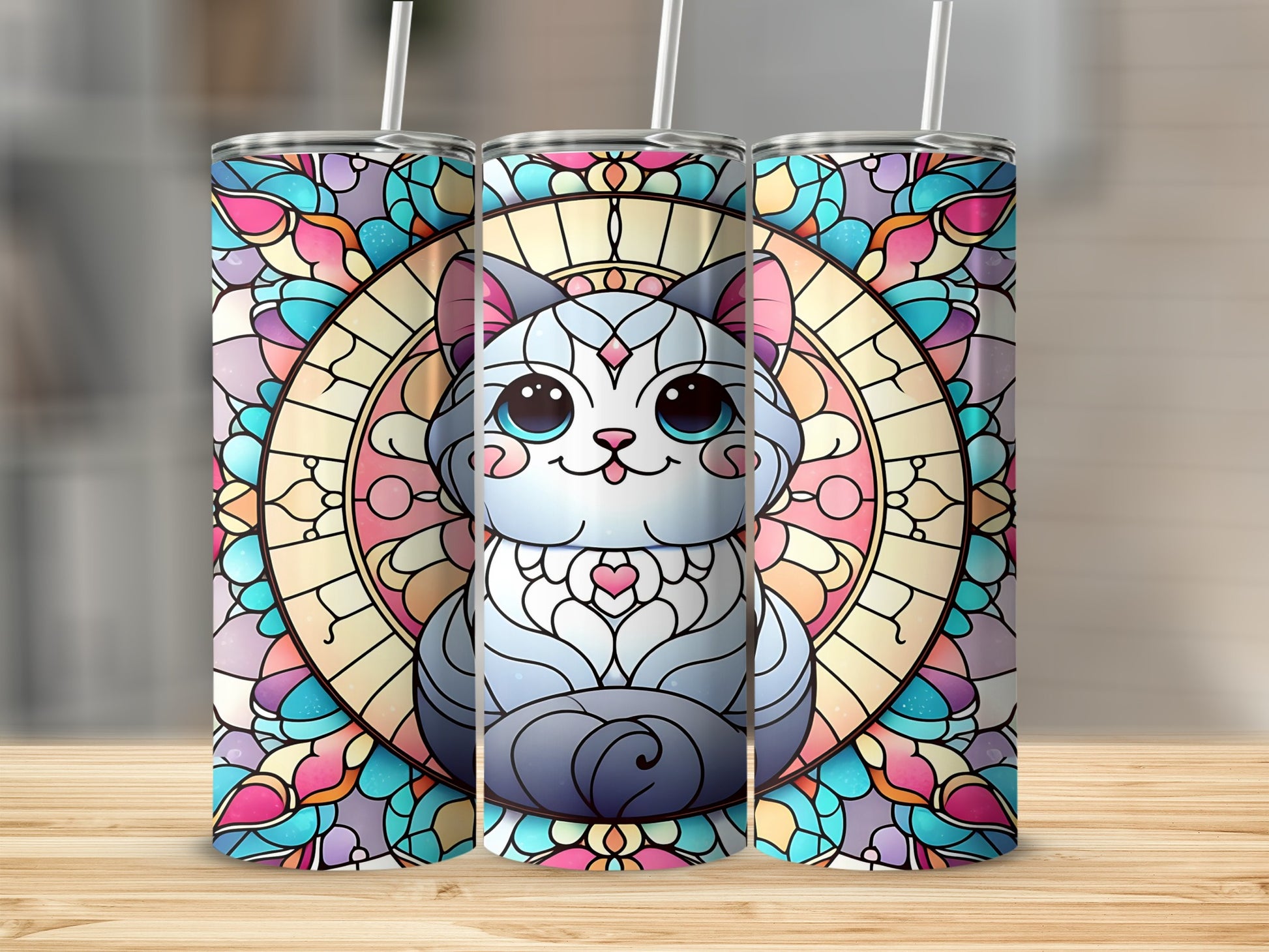 Three tumblers featuring a cartoon cat with stained glass patterns.