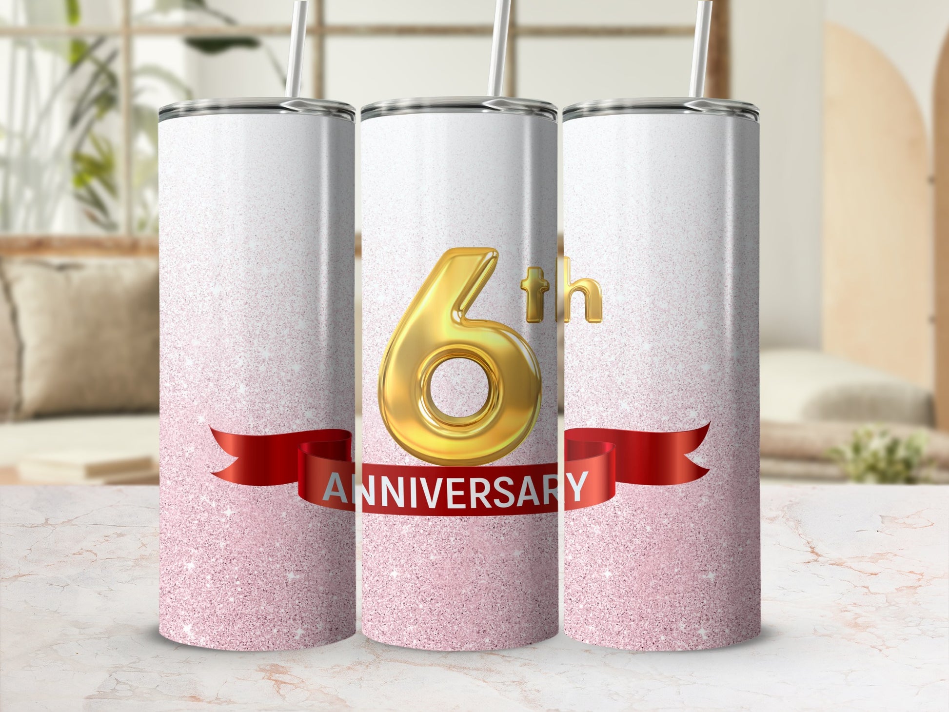Triple stainless steel tumblers with glitter, "6th ANNIVERSARY" text and ribbon.