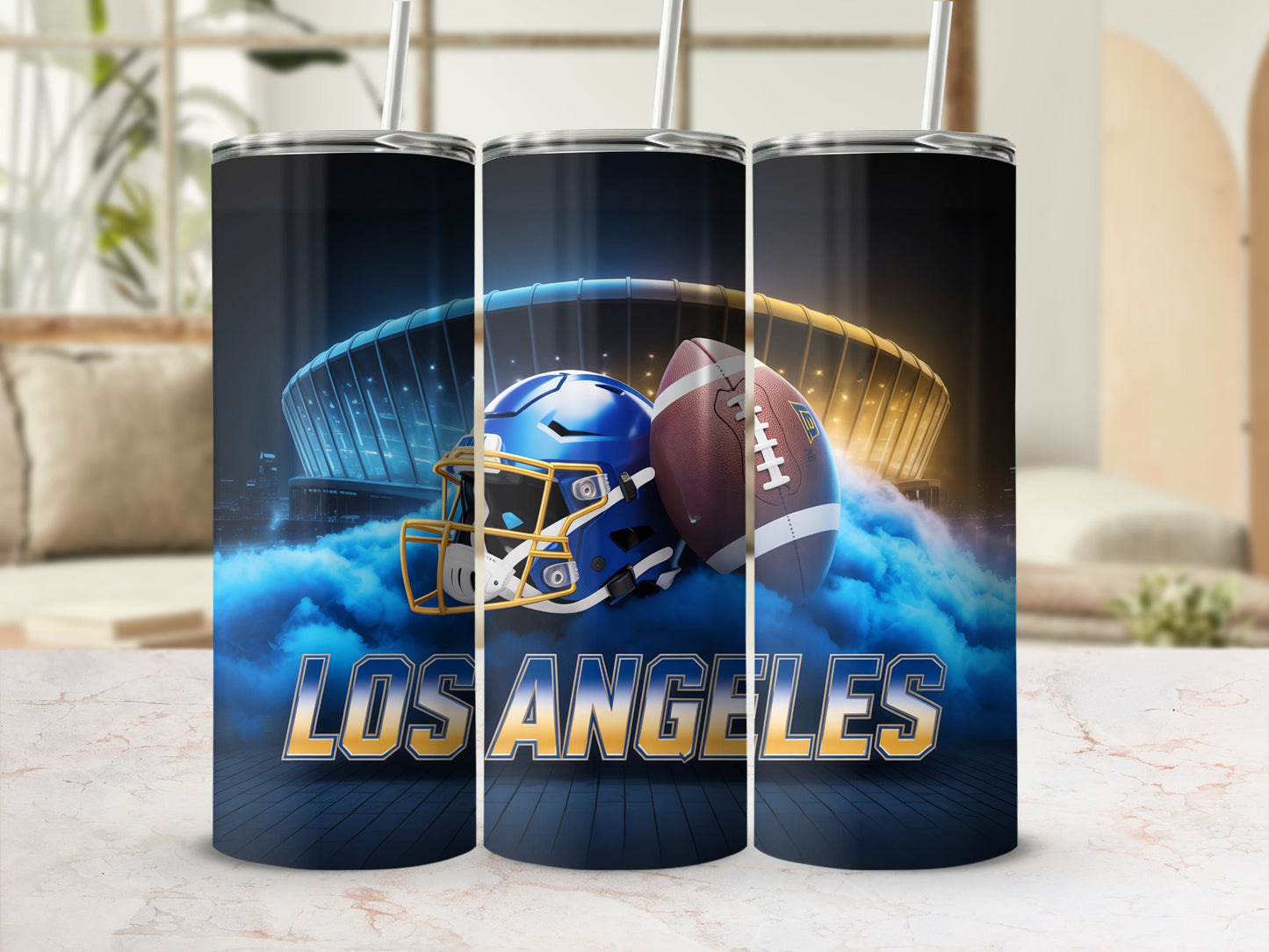 Tumbler with Los Angeles Rams helmet, football, and stadium.