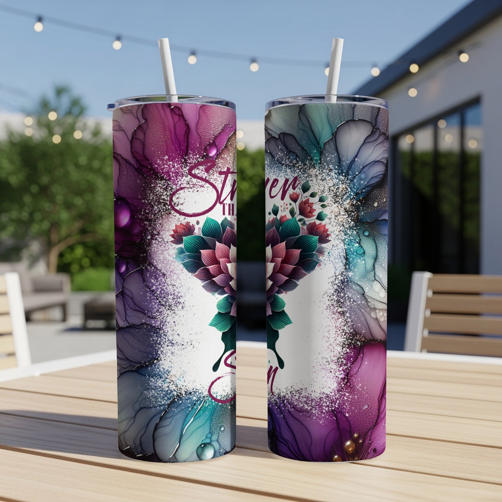 Two tumblers with floral watercolor design and "Sip Sip Hooray!" text.