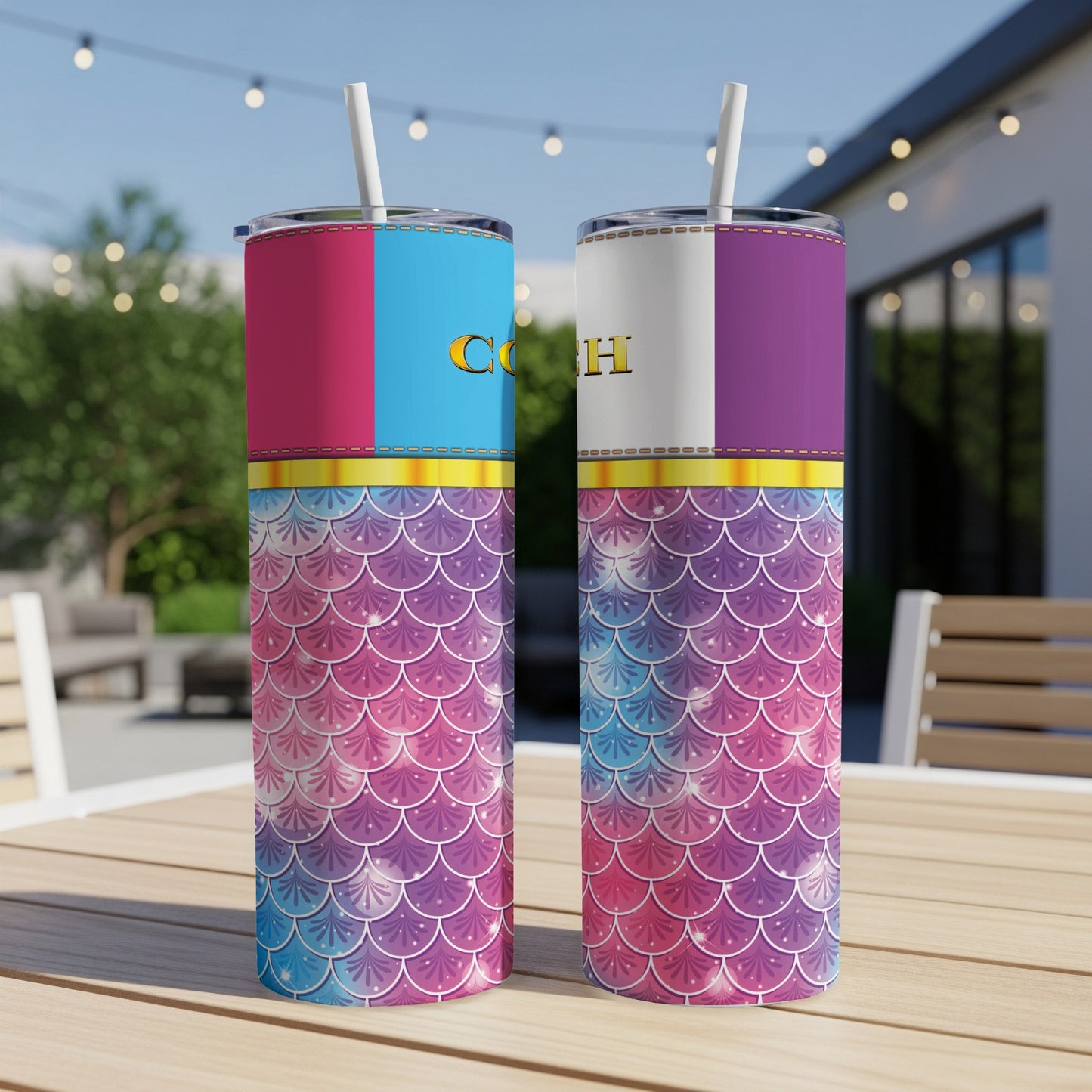 Two tumblers with mermaid scale design and color-blocked tops, one with "CC" text.