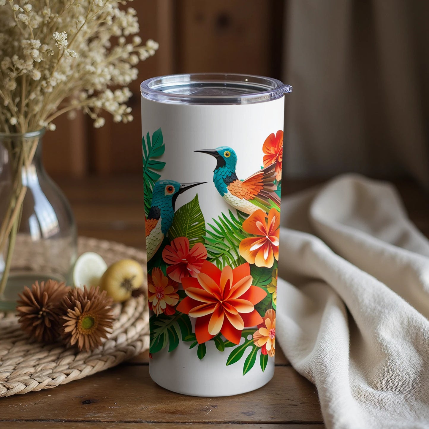 Colorful Hummingbird and Tropical Flowers Design Tumbler