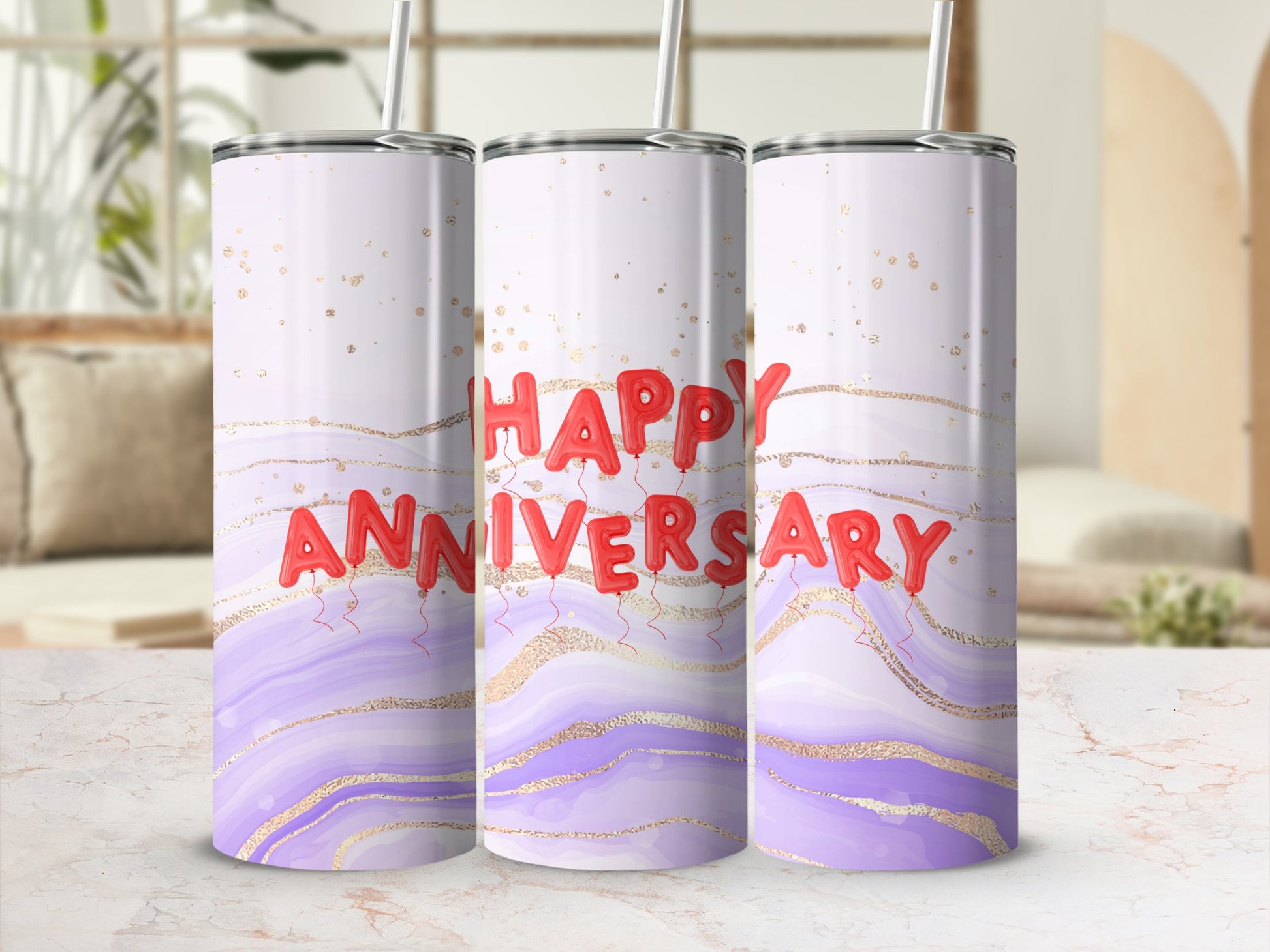 Three purple and white tumblers with "Happy Anniversary" text and gold accents.