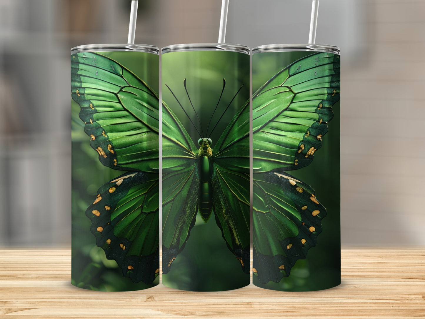 Green butterfly with detailed wings on a tumbler.