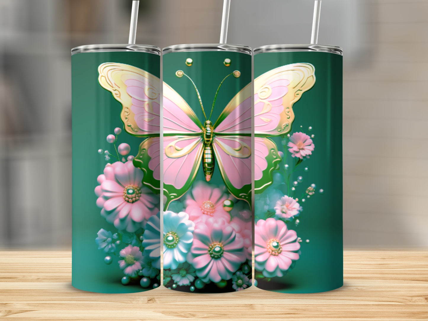 Three tumblers featuring a pink butterfly and pastel flowers on a teal background.