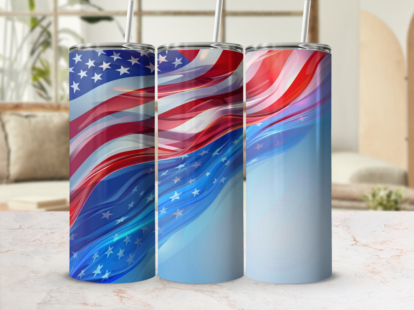 Three tumblers with patriotic American flag designs.