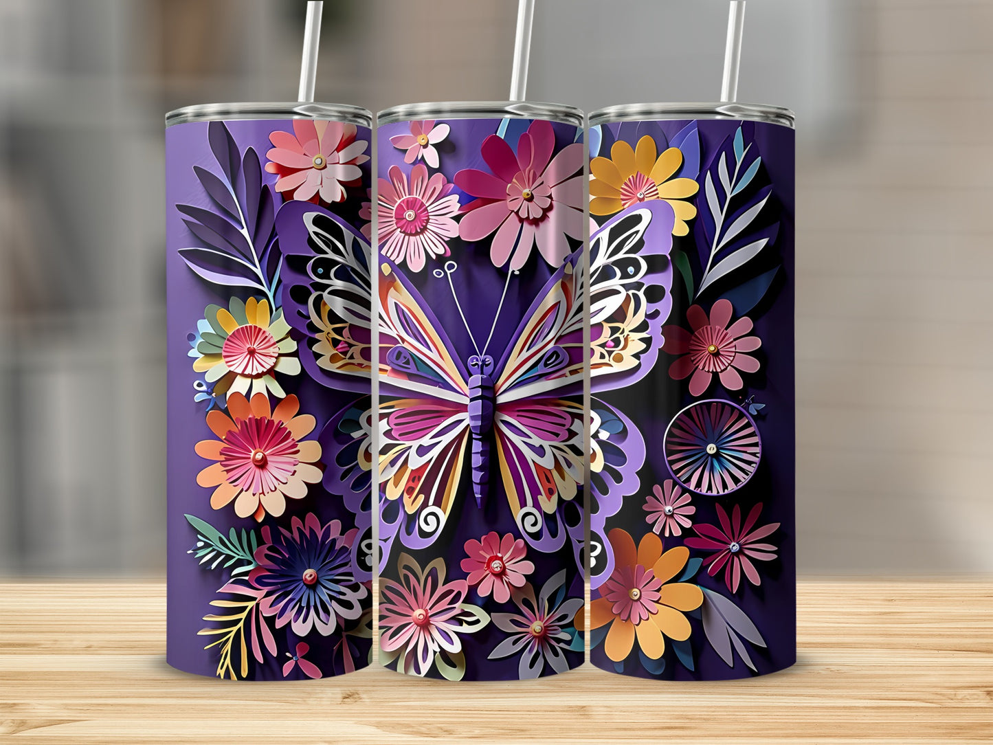 Three purple tumblers with colorful butterfly and floral designs, each with a straw.