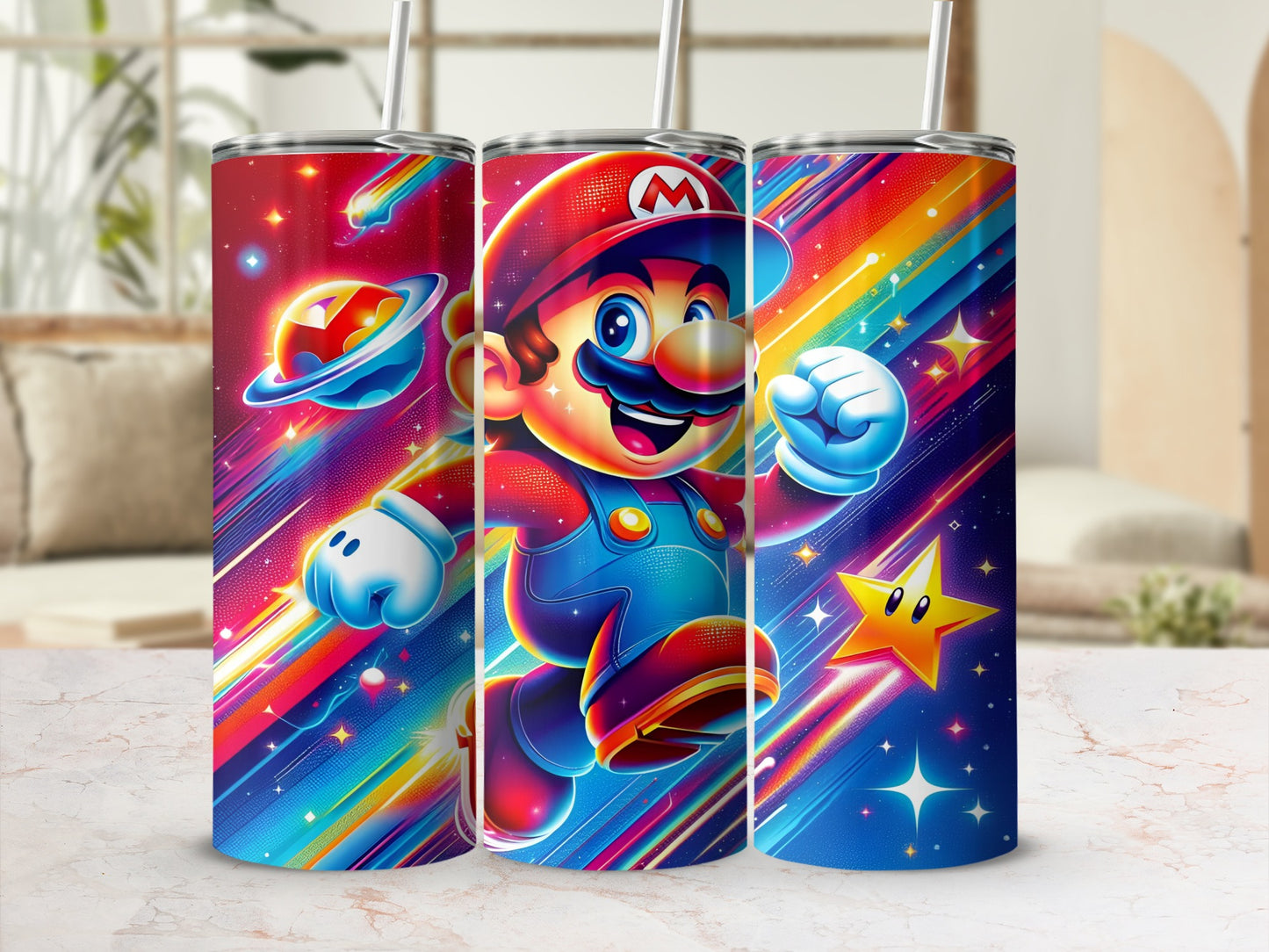 Mario character running through colorful galaxy with stars and planets.