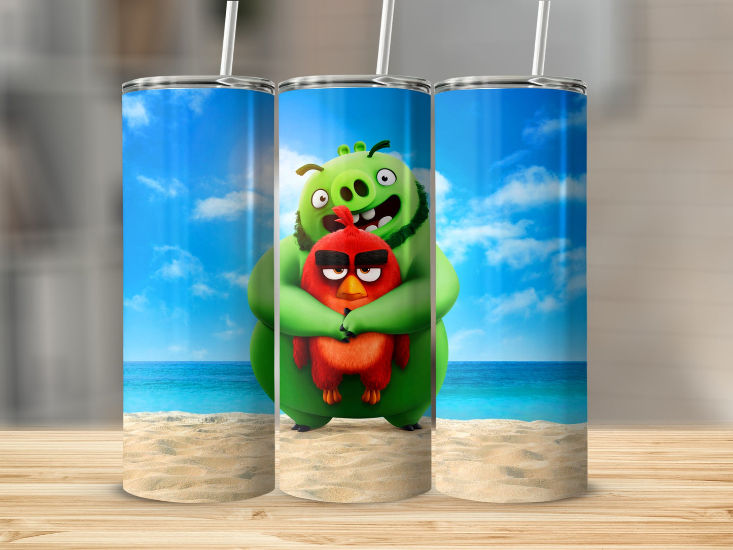 Cartoon Beach Scene Tumbler Cup with Straw