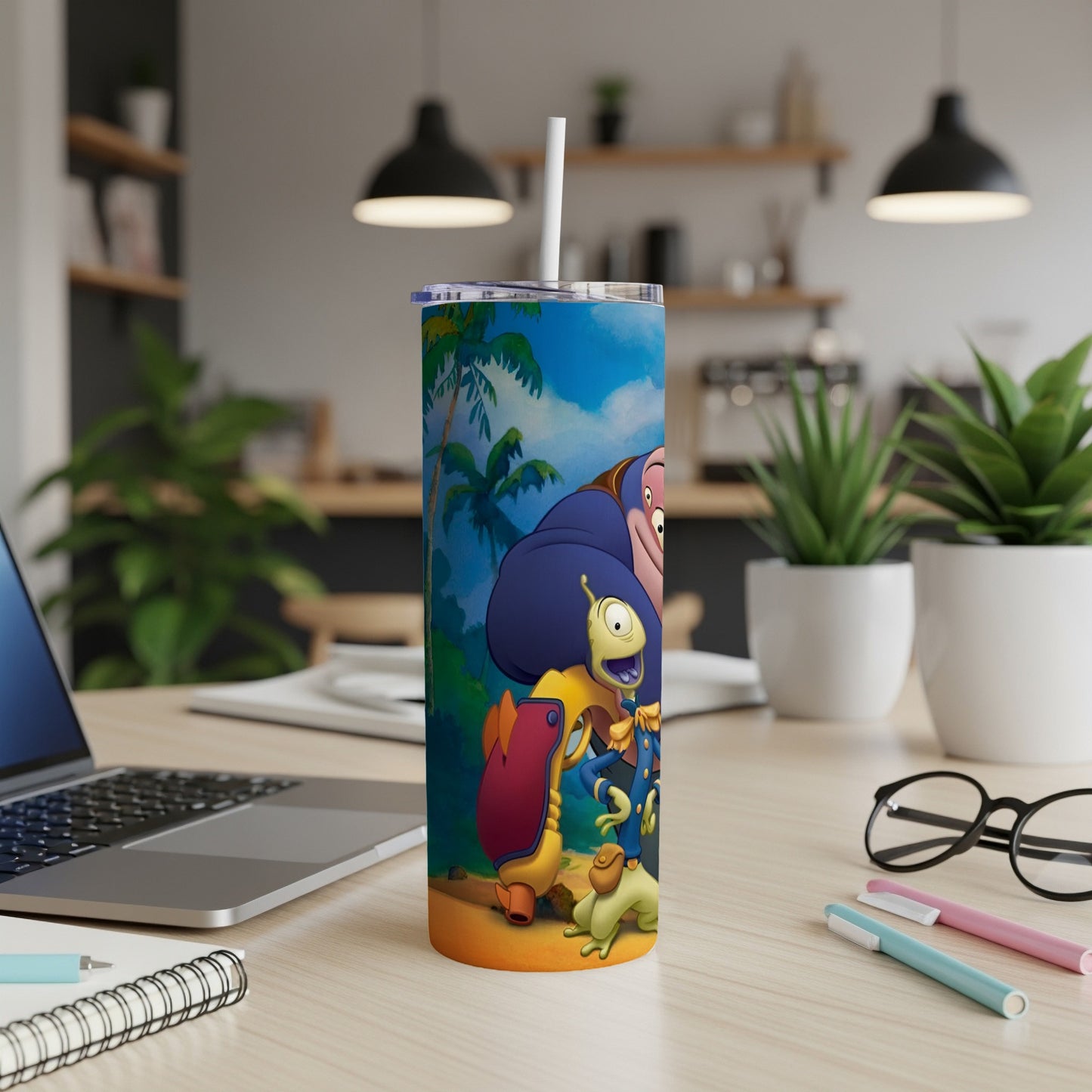 Lilo & Stitch characters on a blue and green jungle background tumbler.