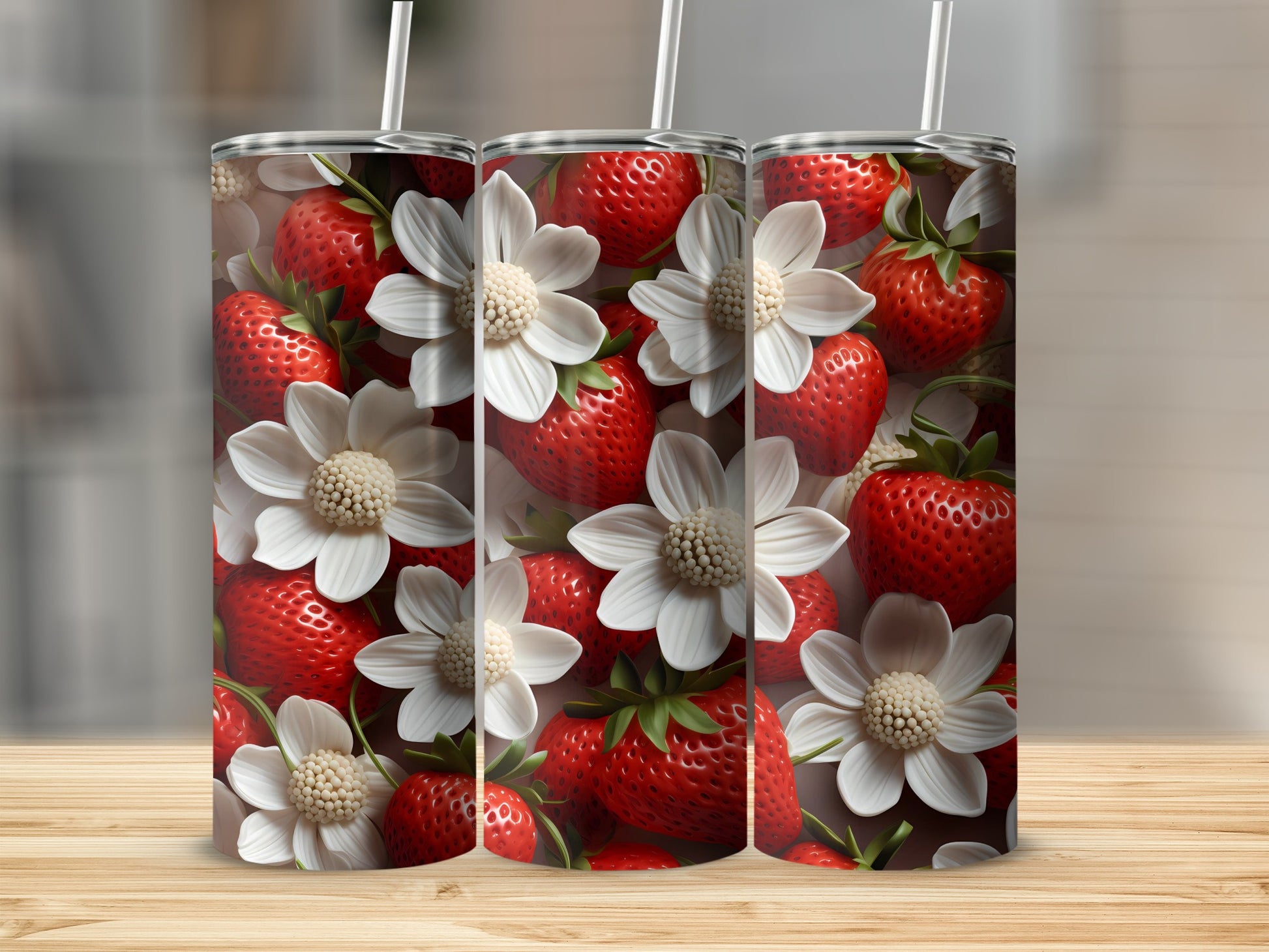 Strawberry and White Flowers Design Tumbler for all drinks