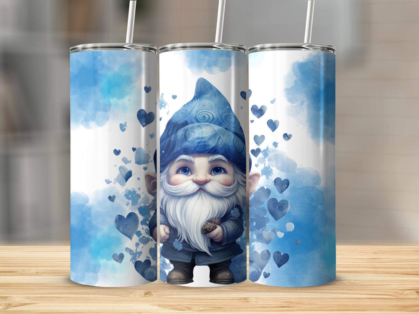 Cute Gnome with Blue Heart Themed Tumbler with Straw