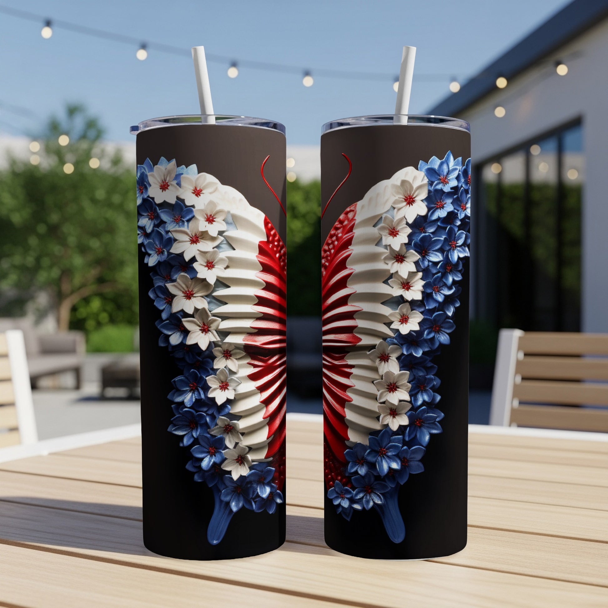 Two tumblers with a patriotic butterfly wing design.