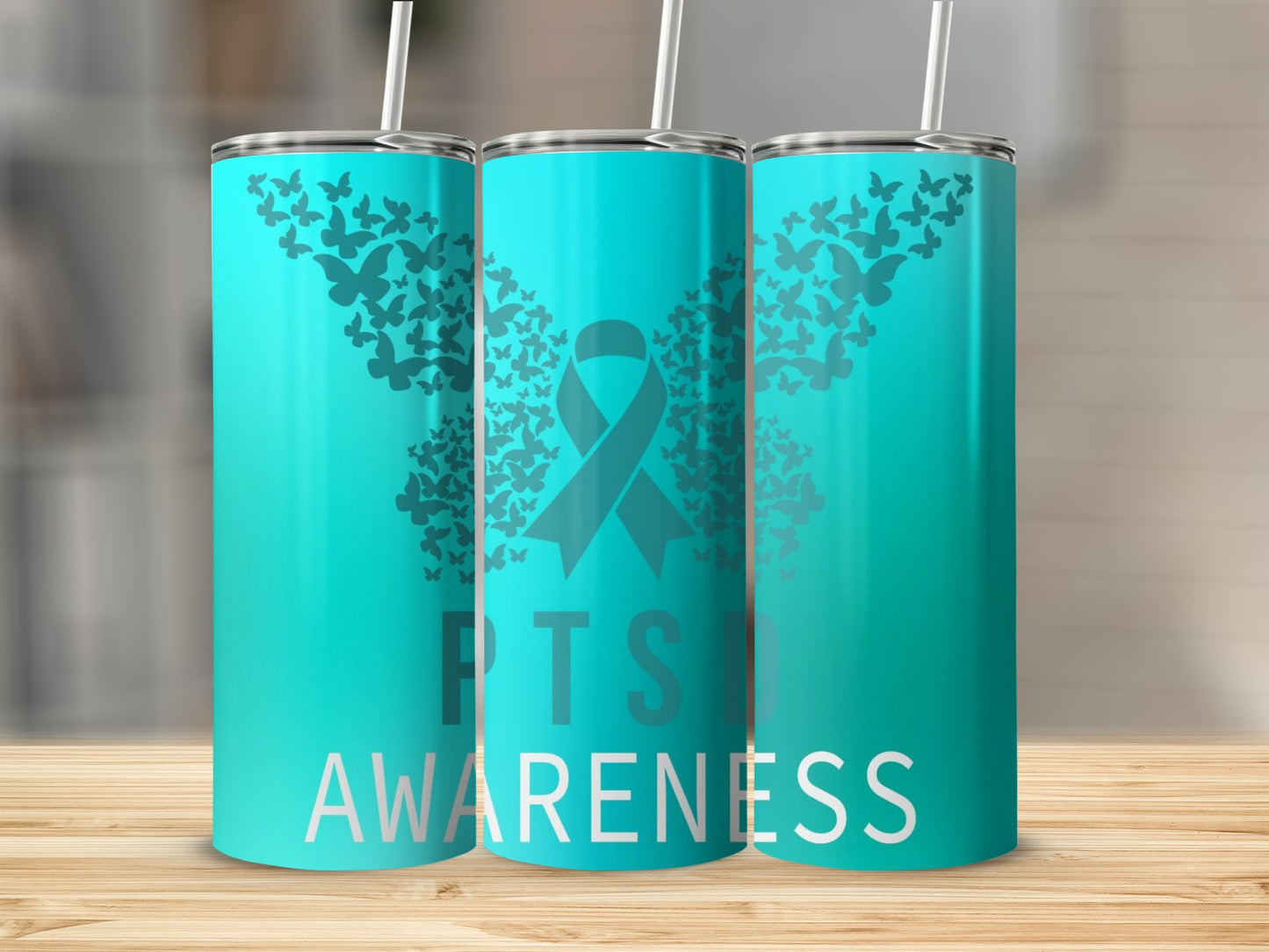 PTSD Awareness Butterfly Ribbon Design Tumbler Flask