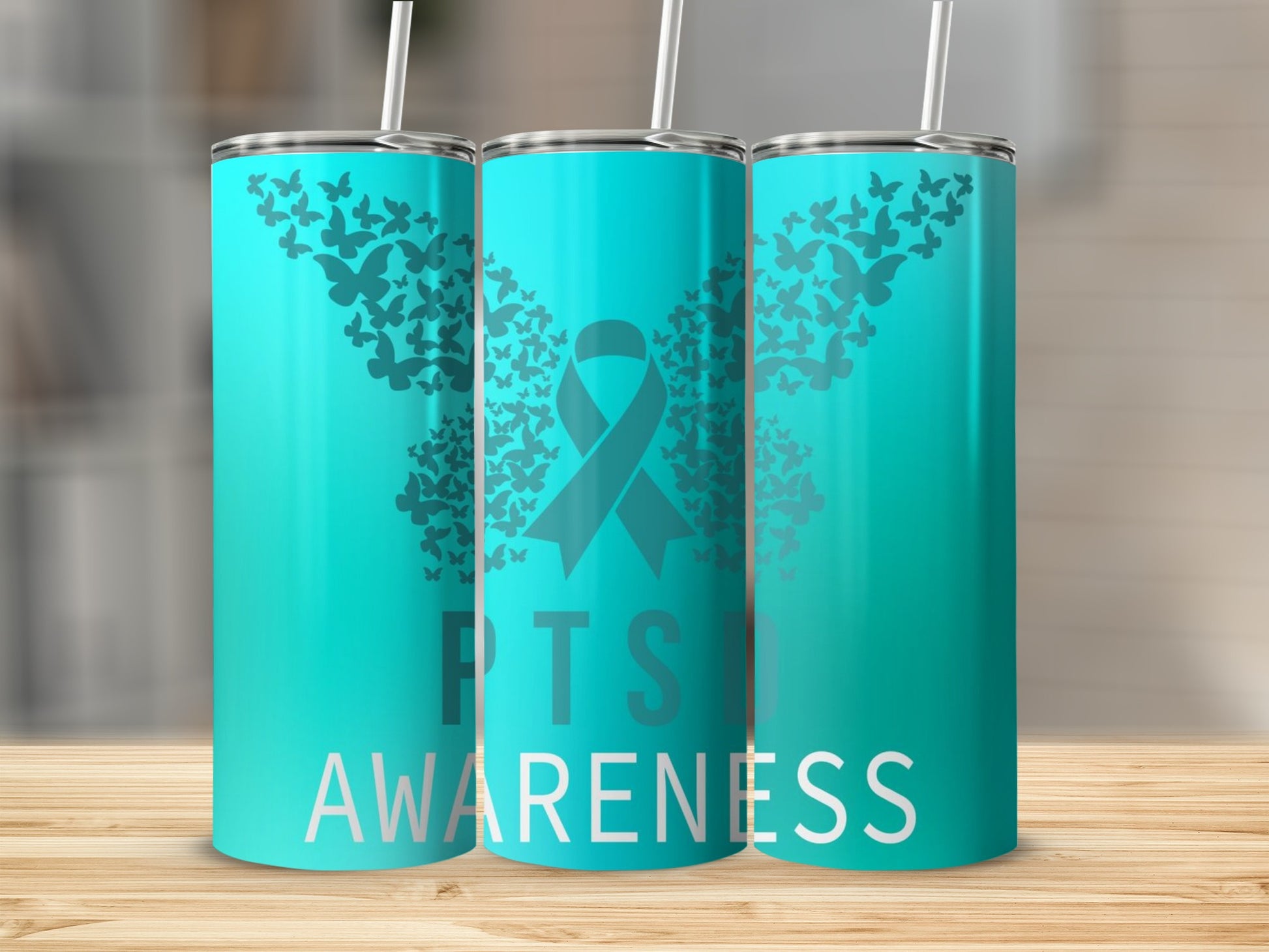 PTSD Awareness Butterfly Ribbon Design Tumbler Flask