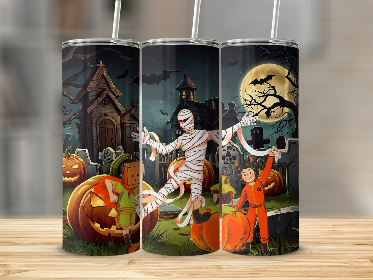 Halloween Night Mummy and Pumpkins Scene Tumbler