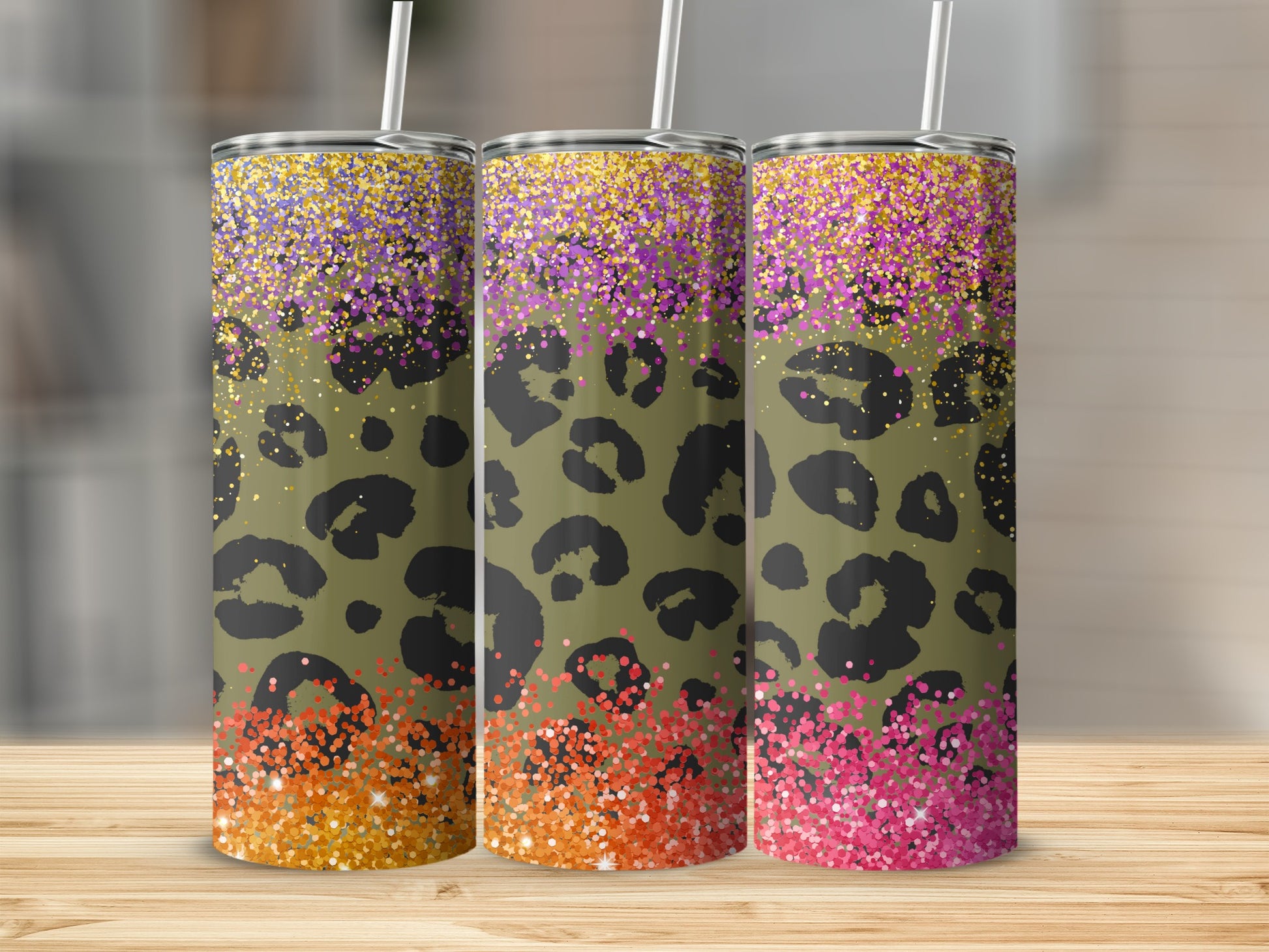 Colorful Glitter Leopard Print Tumbler with Straw