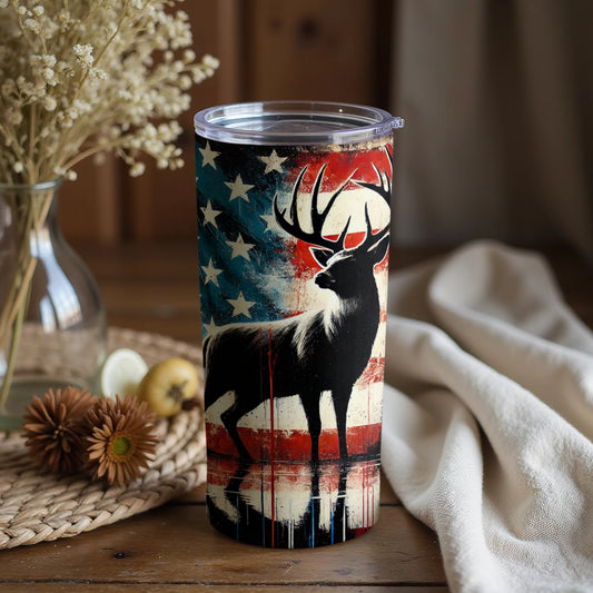 Patriotic Deer Tumbler with American Flag Design