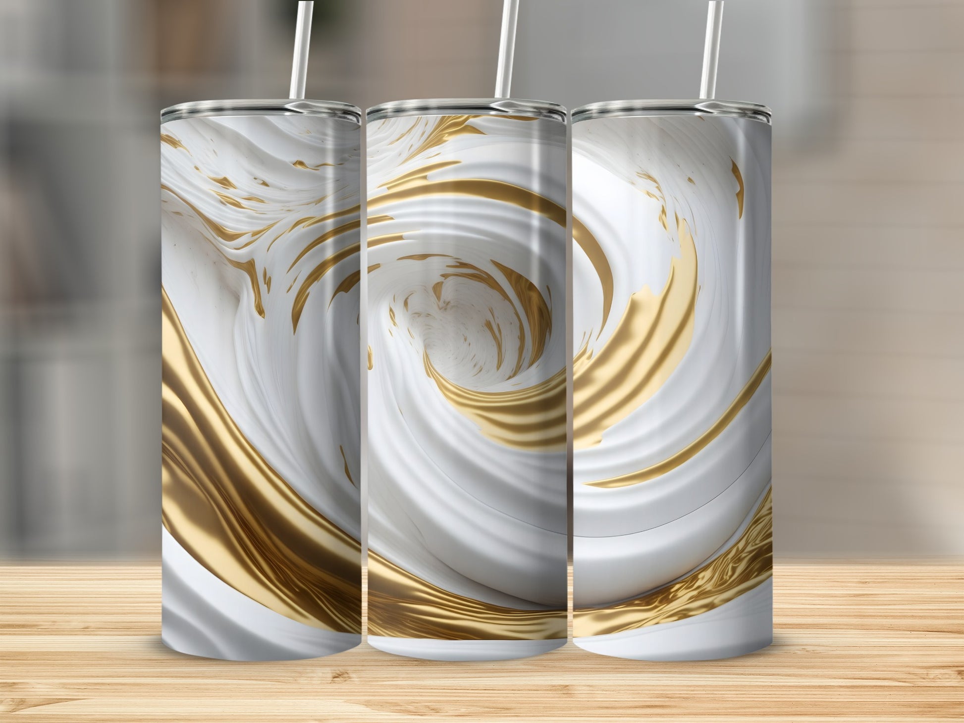 Three white tumblers with a swirling gold and white marbled design.