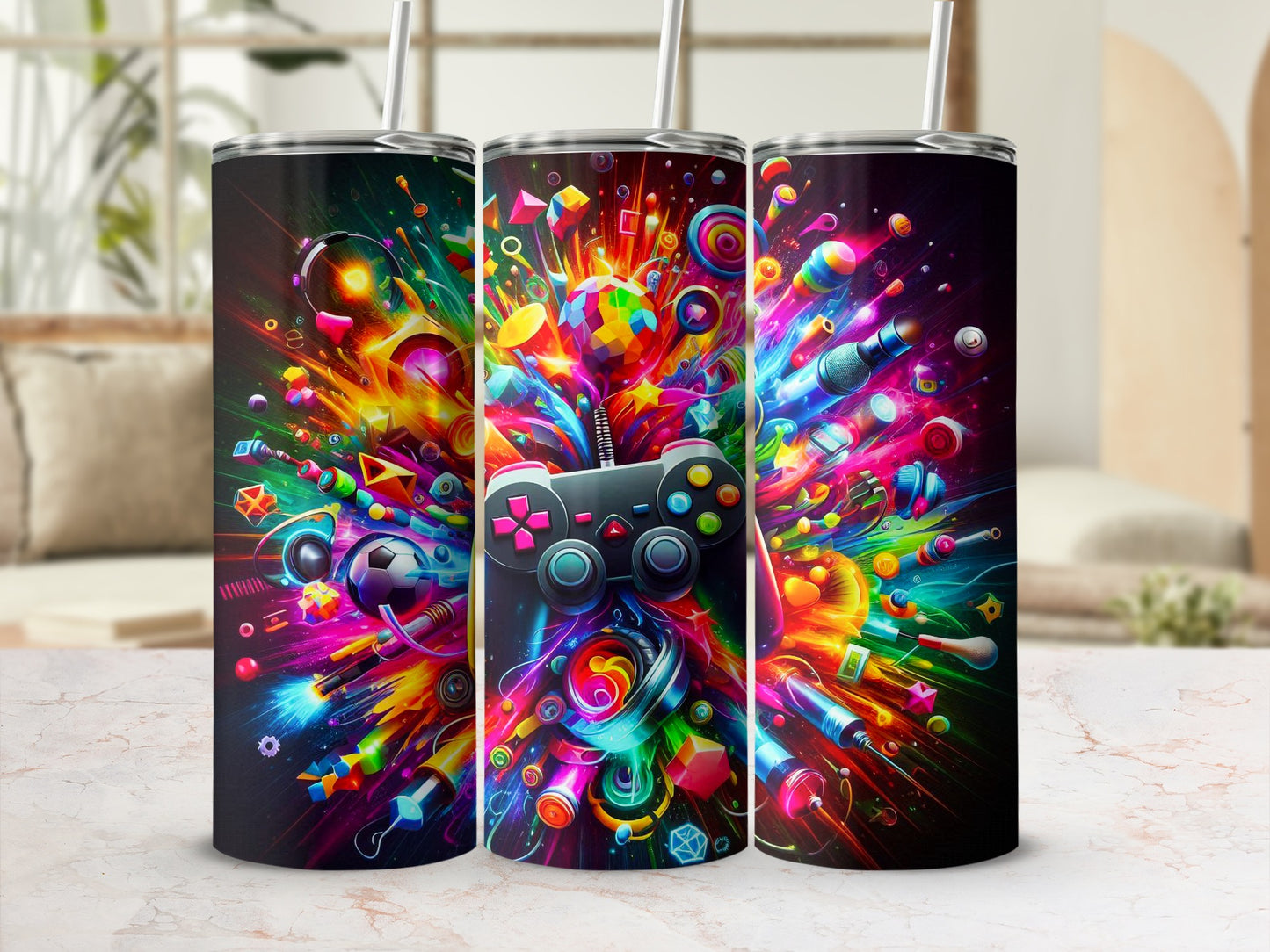 Three tumblers with a colorful, exploding geometric pattern and a video game controller.