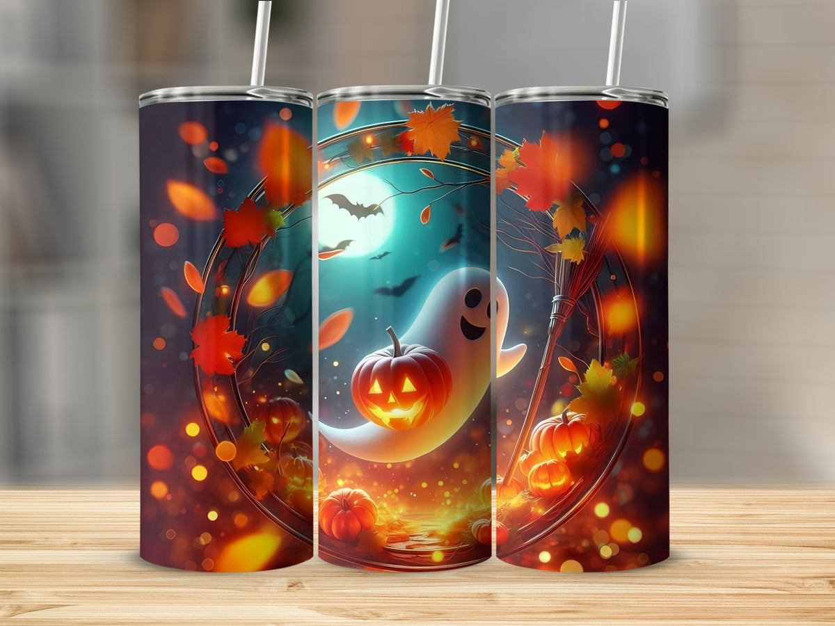 Three tumblers feature a Halloween design with a ghost, pumpkins, bats, and autumn leaves.